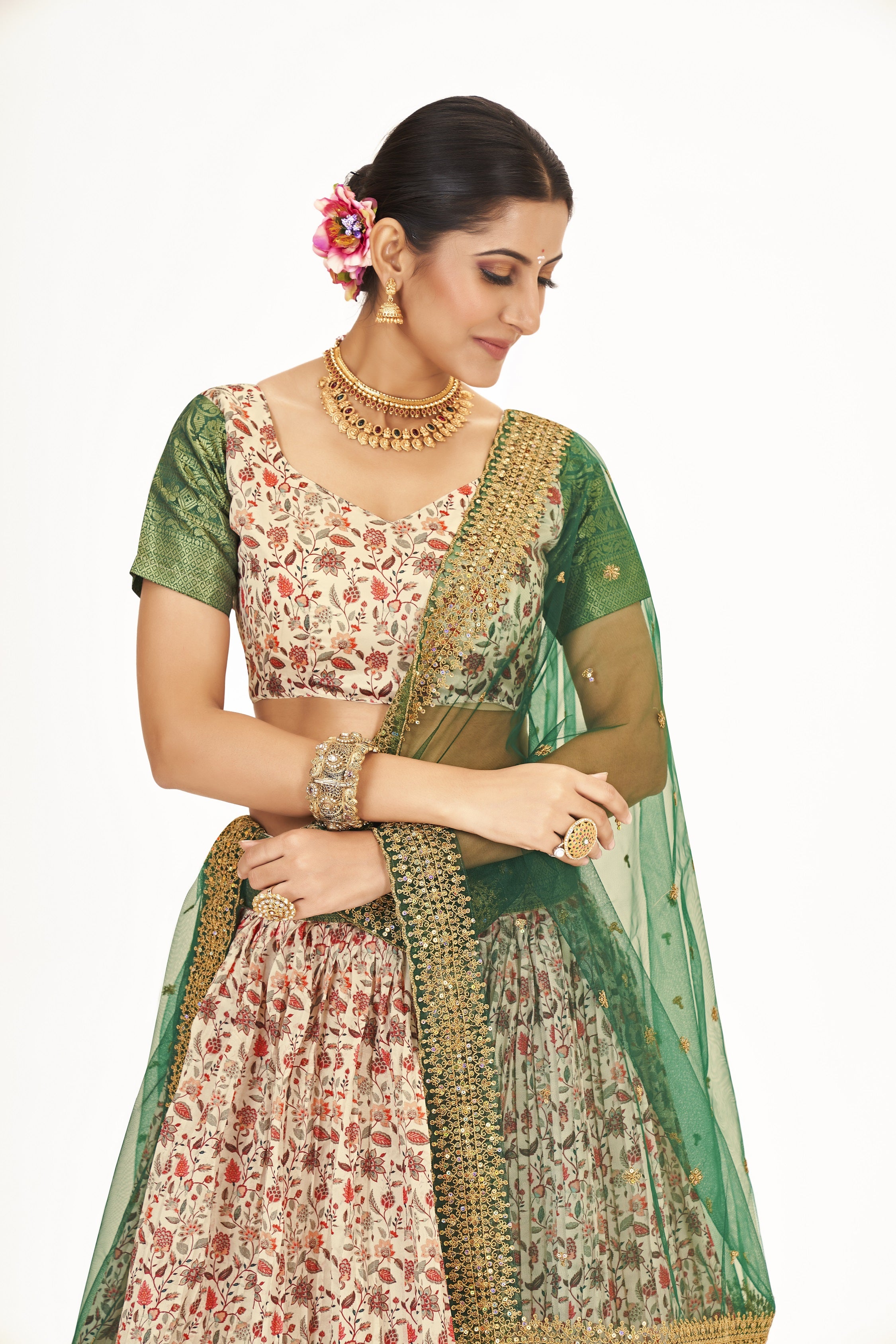 Superb Off White & Green Floral Printed Weaving Work Banarasi Silk Half Saree Lehenga Choli