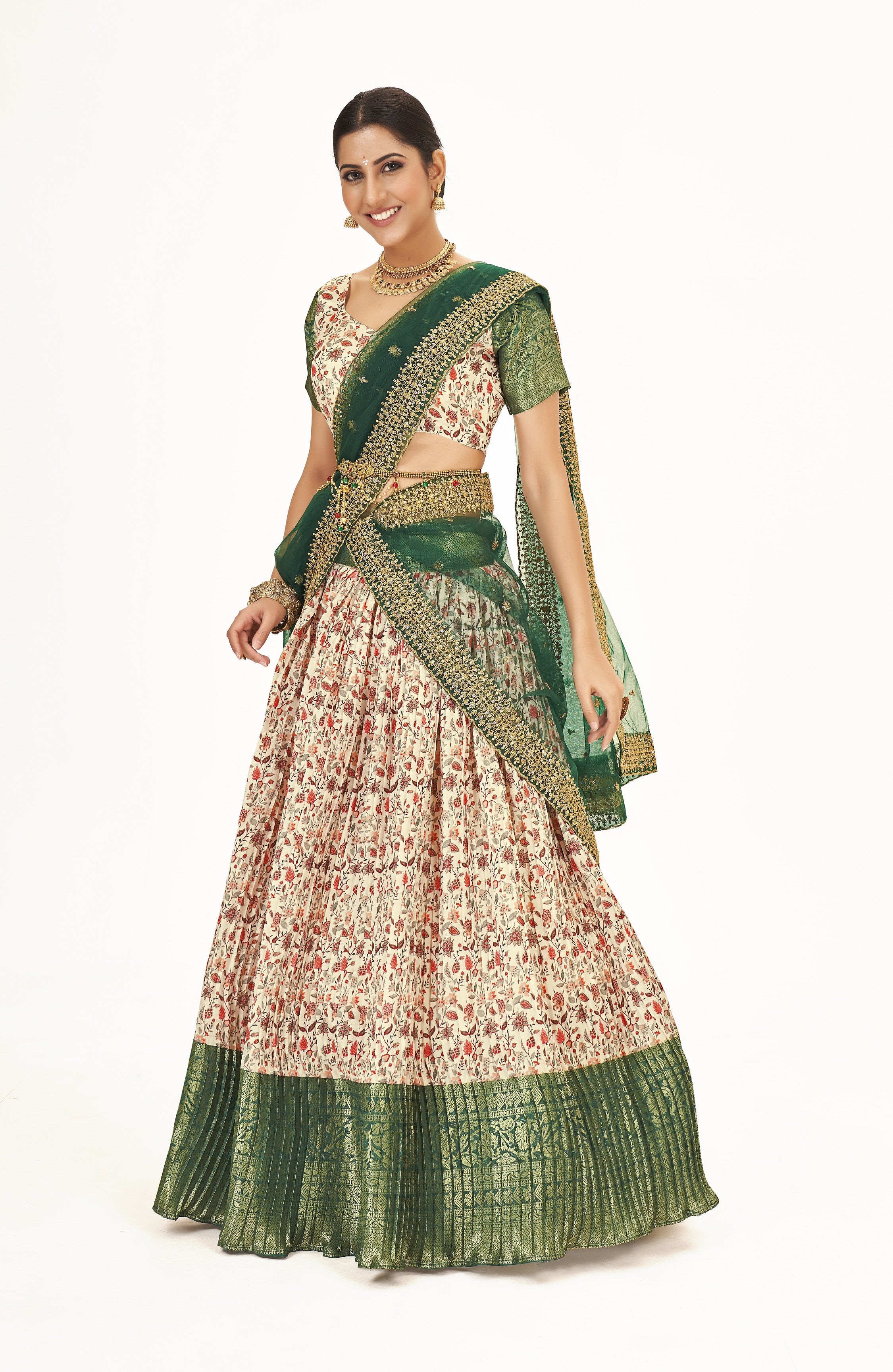 Superb Off White & Green Floral Printed Weaving Work Banarasi Silk Half Saree Lehenga Choli