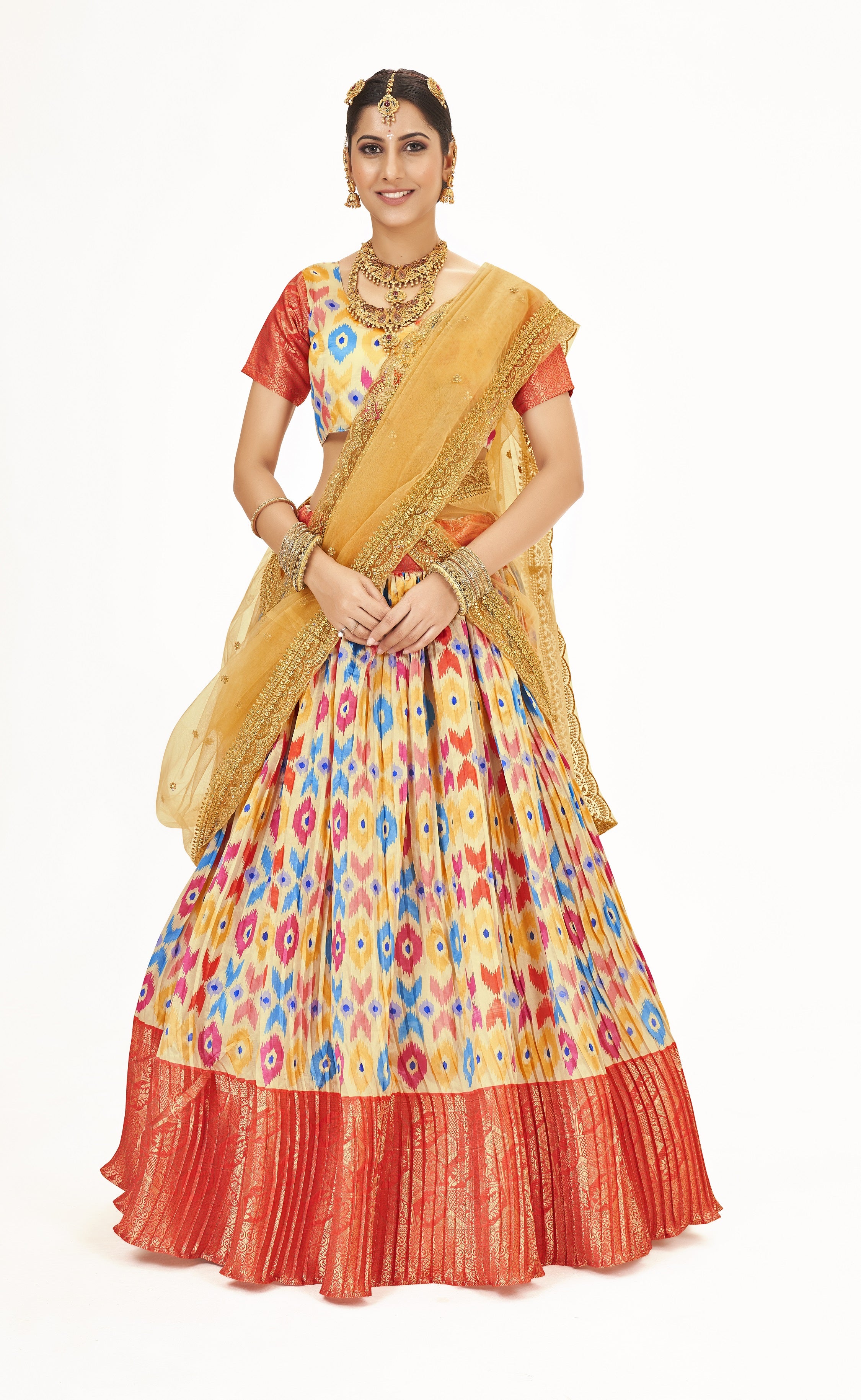 Beautiful Yellow & Red Weaving Work Litchi Banarasi Silk Pattu Half Saree Lehenga