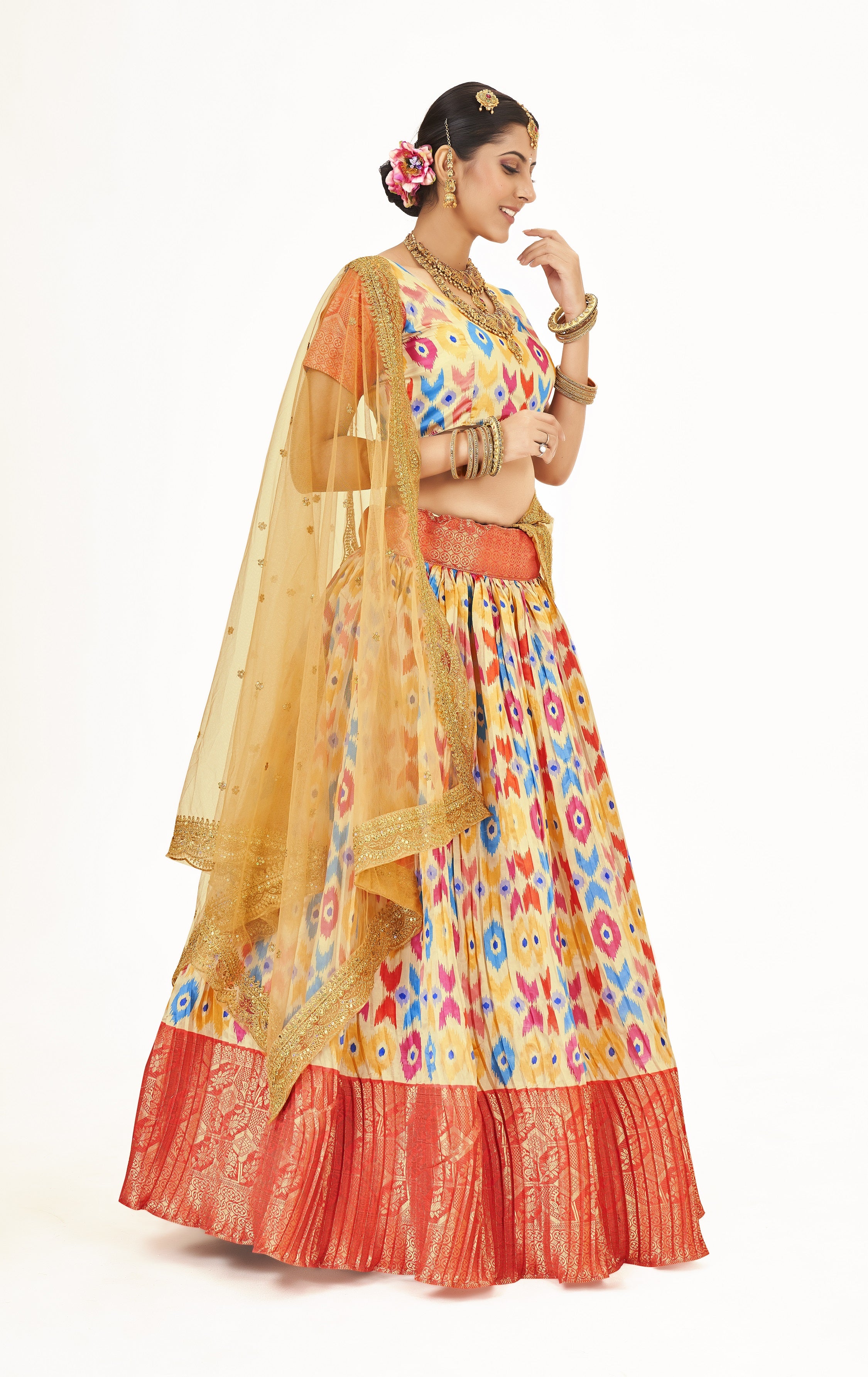 Beautiful Yellow & Red Weaving Work Litchi Banarasi Silk Pattu Half Saree Lehenga