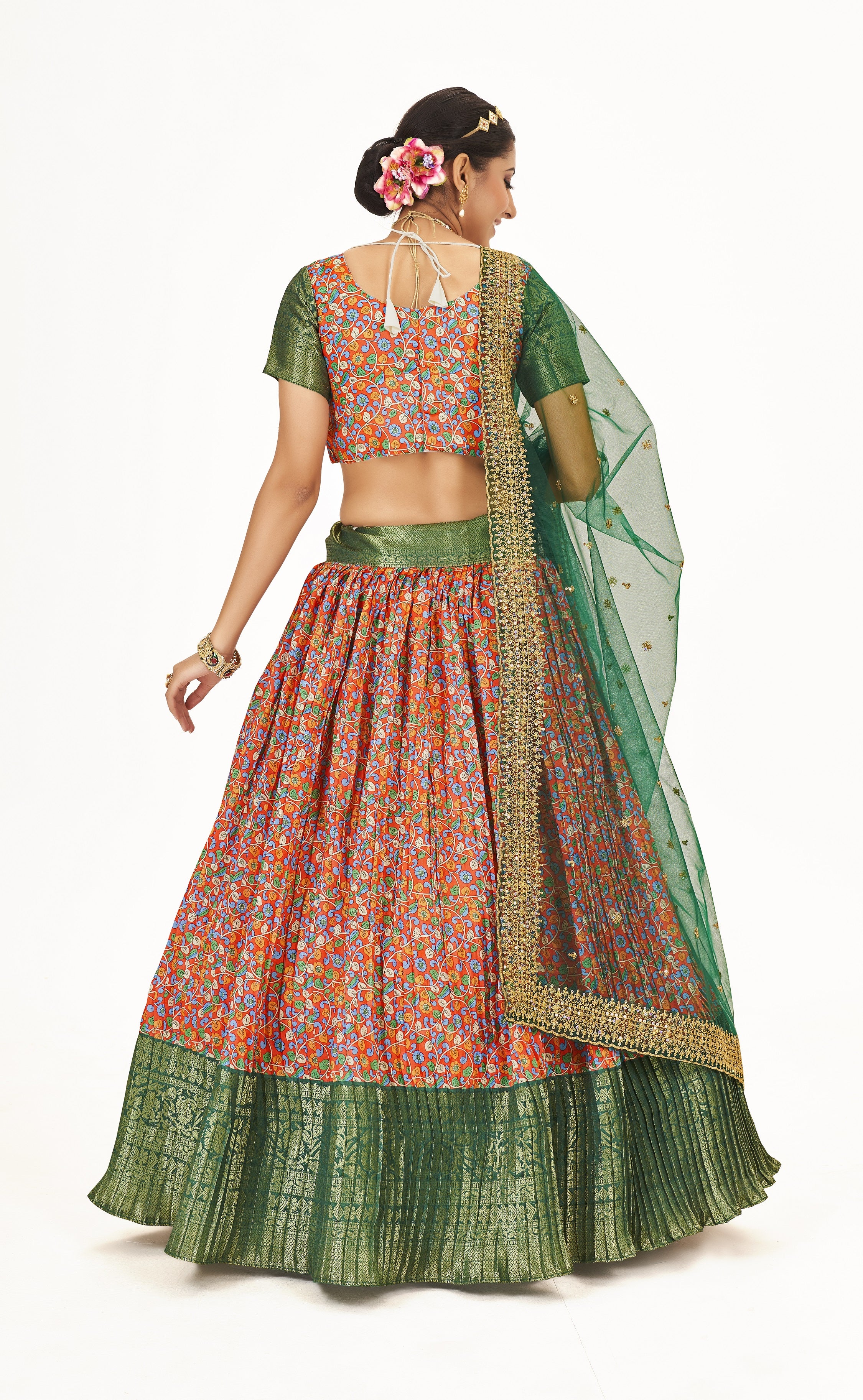 Magnificent Orange & Green Weaving Work Floral Printed Banarasi Silk Half Saree Lehenga Choli