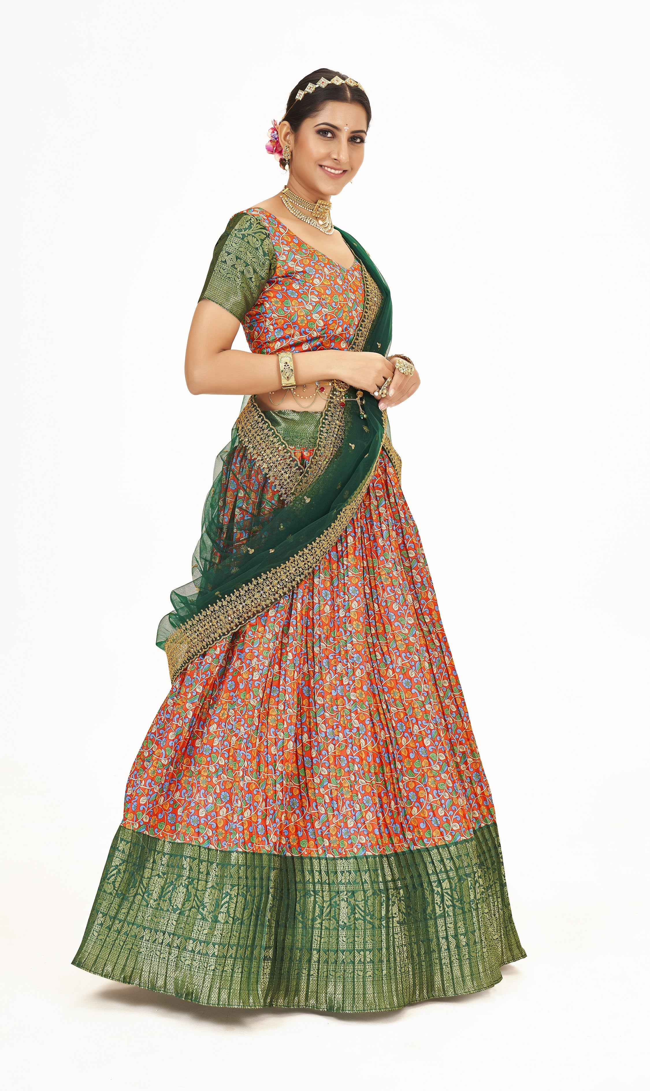 Magnificent Orange & Green Weaving Work Floral Printed Banarasi Silk Half Saree Lehenga Choli