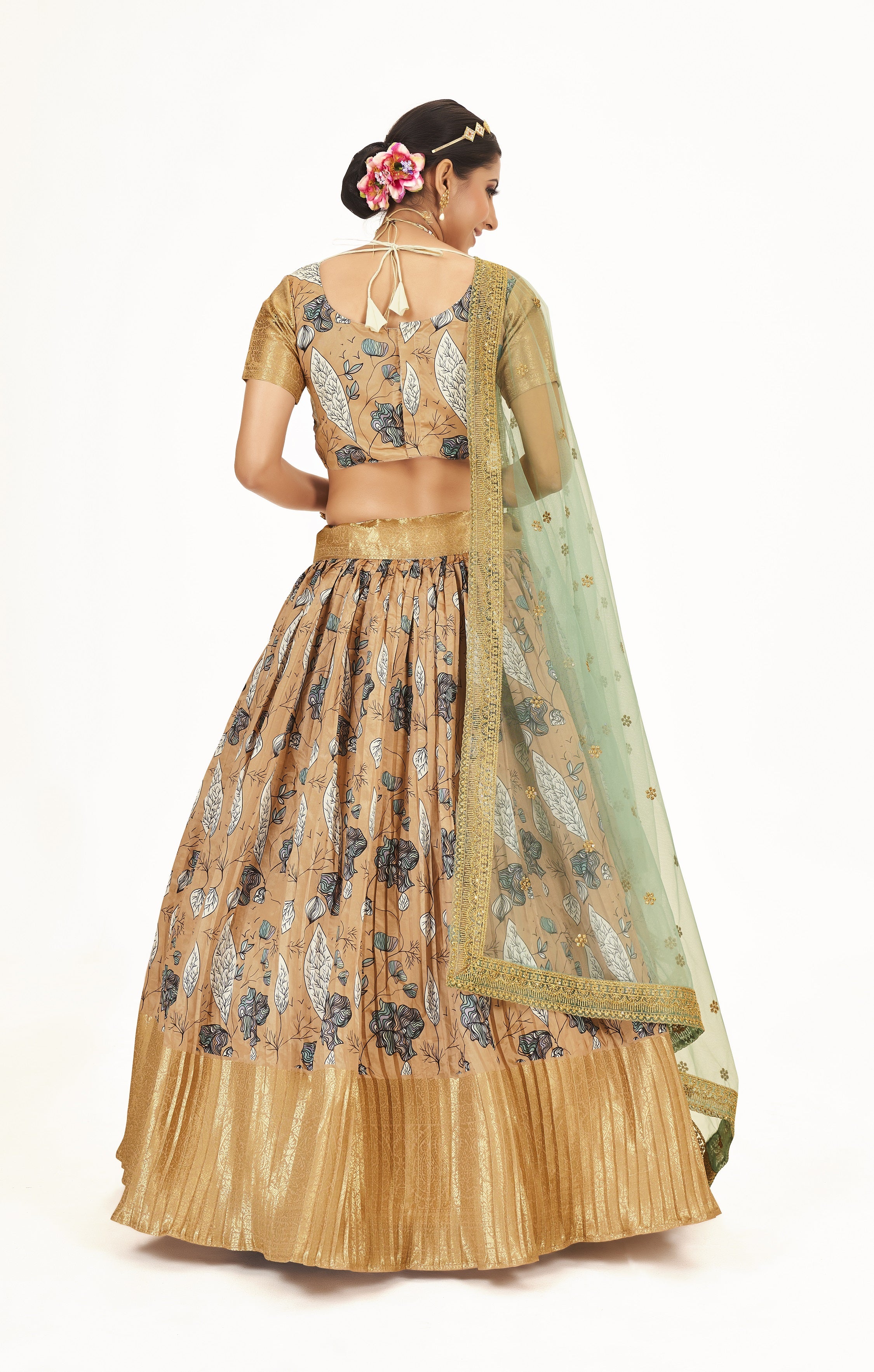 Traditional Light Brown Floral Printed Lichi Banarasi Silk Pattu Half Saree Lehenga Choli