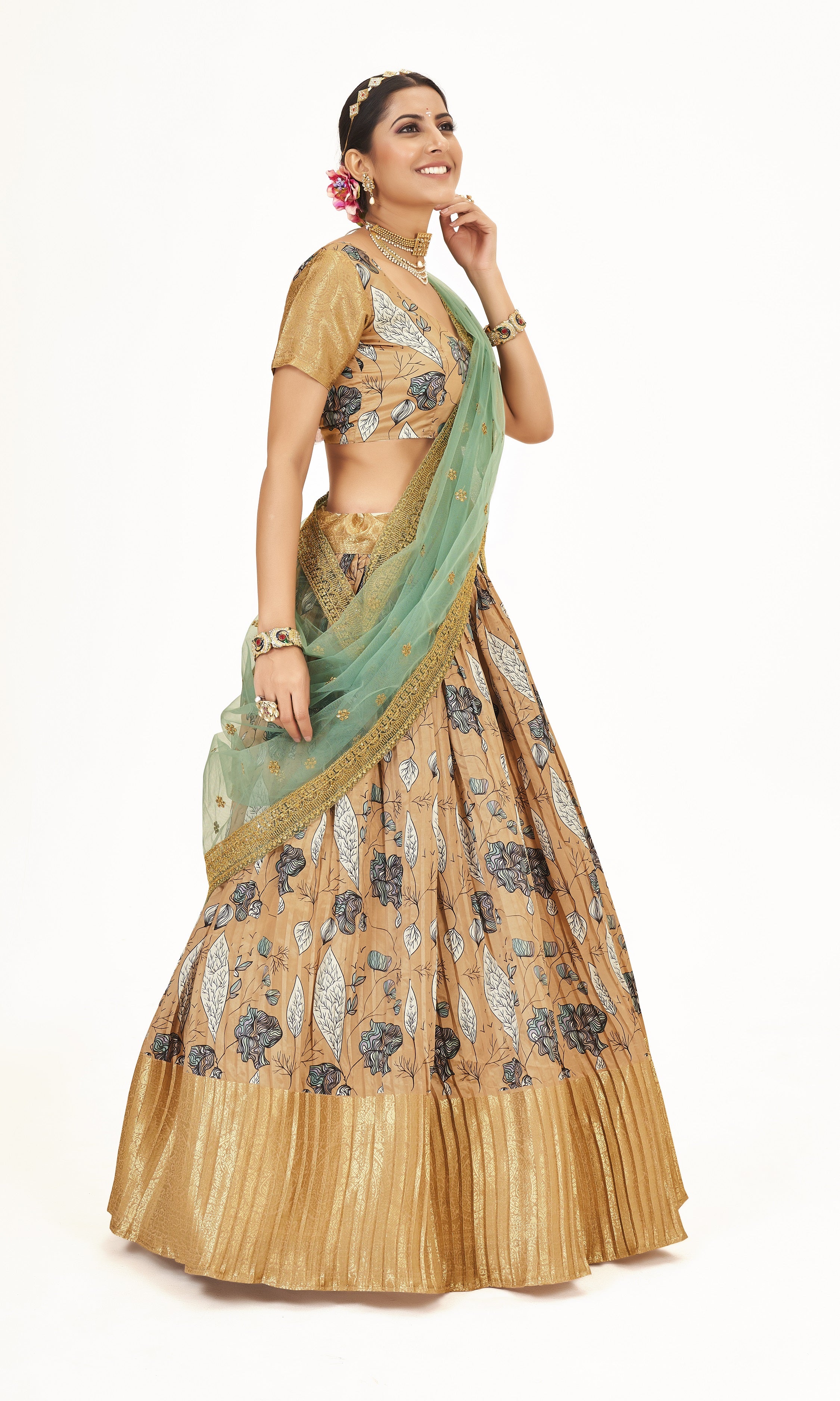 Traditional Light Brown Floral Printed Lichi Banarasi Silk Pattu Half Saree Lehenga Choli