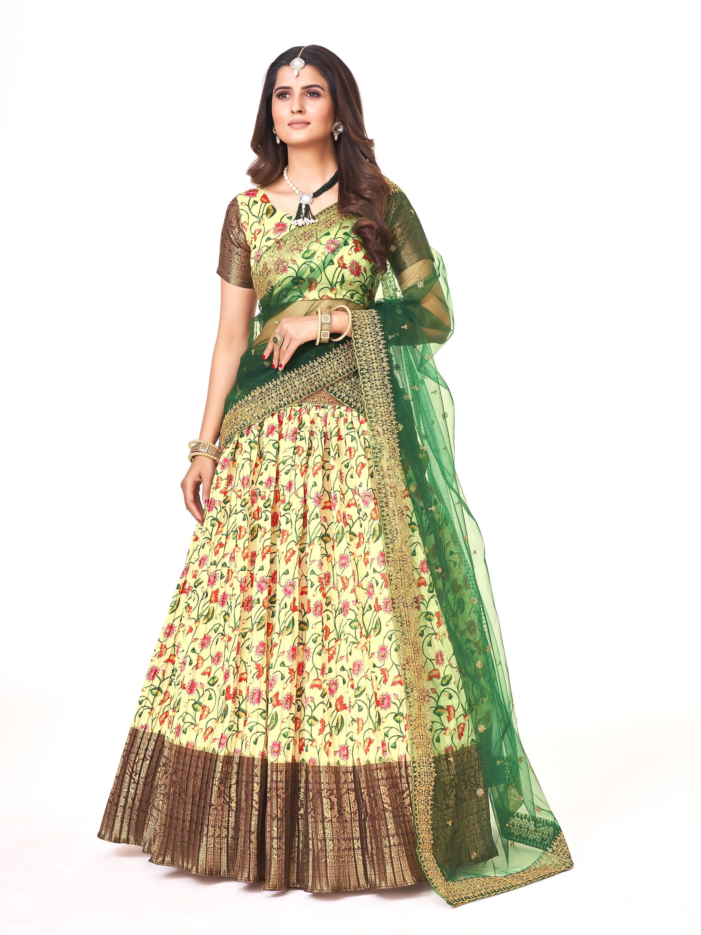 Lime Yellow & Brown Floral Printed Banarasi Silk Half Saree Lehenga Choli For Girls