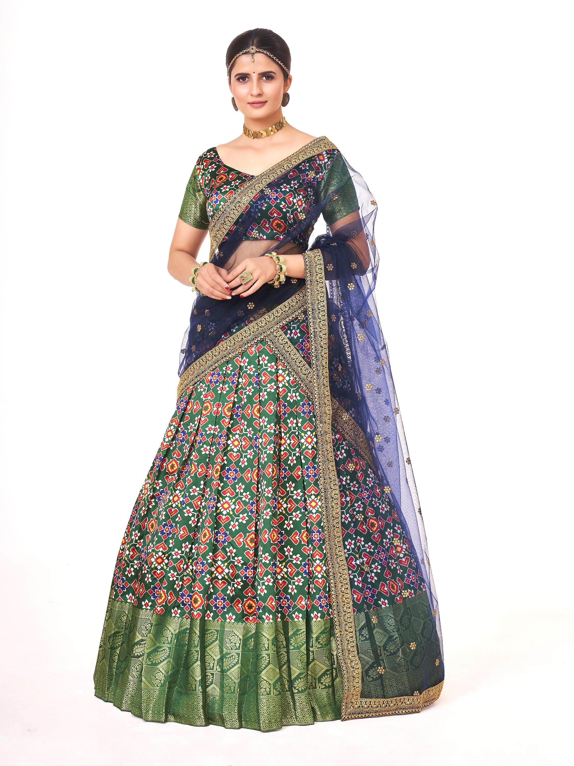 Dark Green Weaving Work and Digital Printed Banarasi Silk Pattu Half Saree For Women