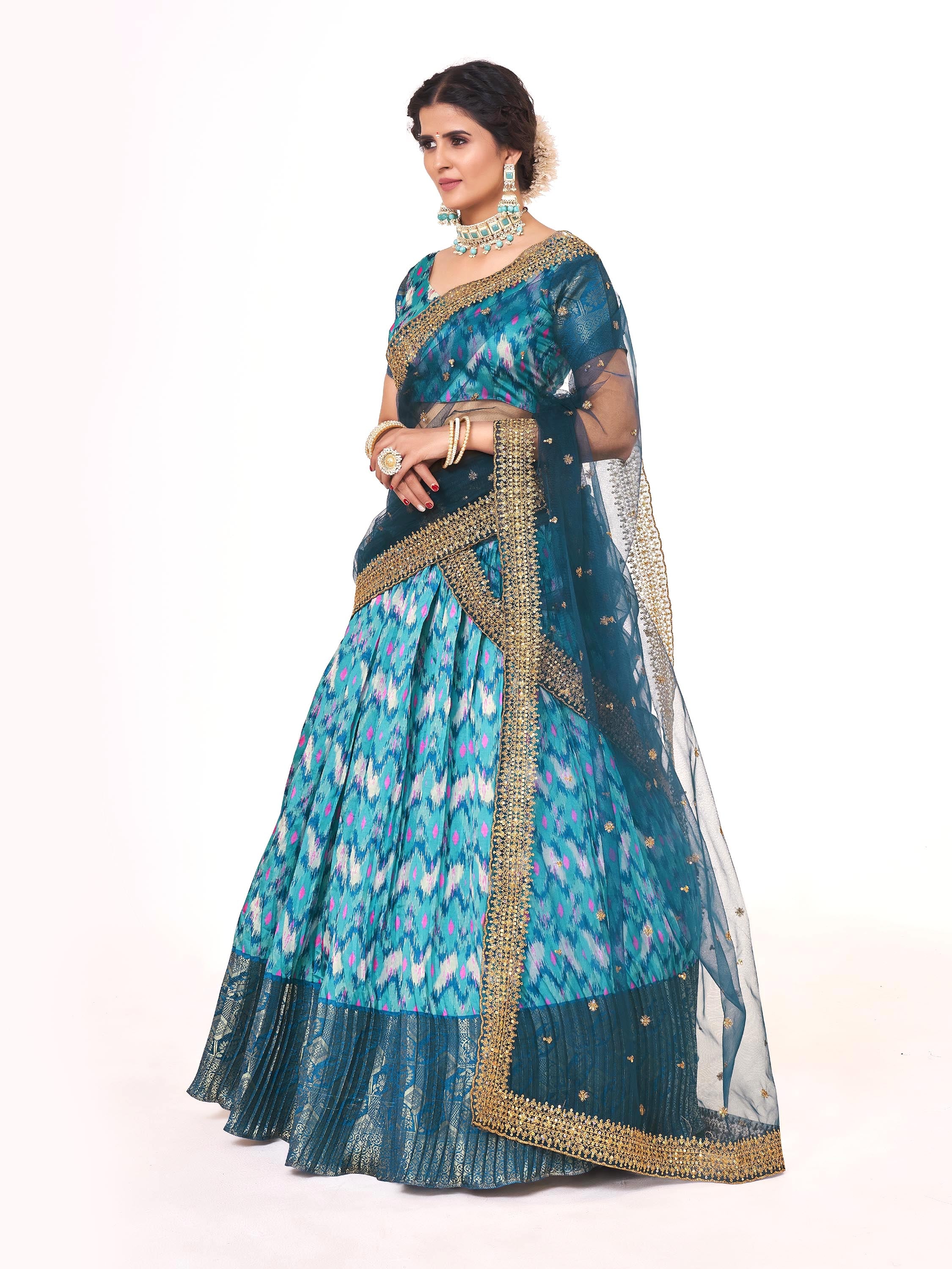 Blue & Firozi Digital Printed Weaving Work Banarasi Pattu Half Saree Lehenga