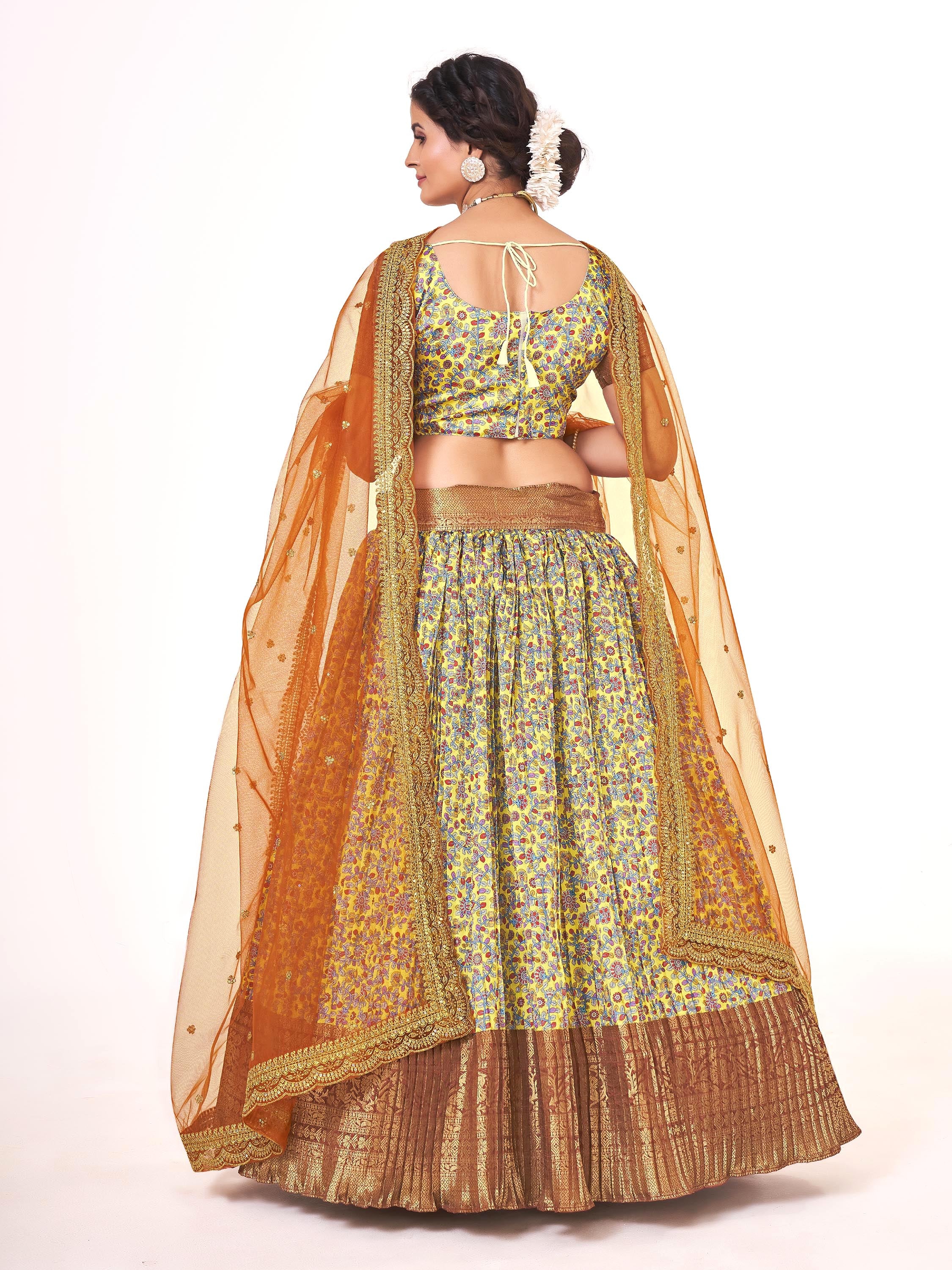 Beautiful Yellow & Brown Weaving Work Floral Printed Banarasi Silk Half Saree Lehenga Choli