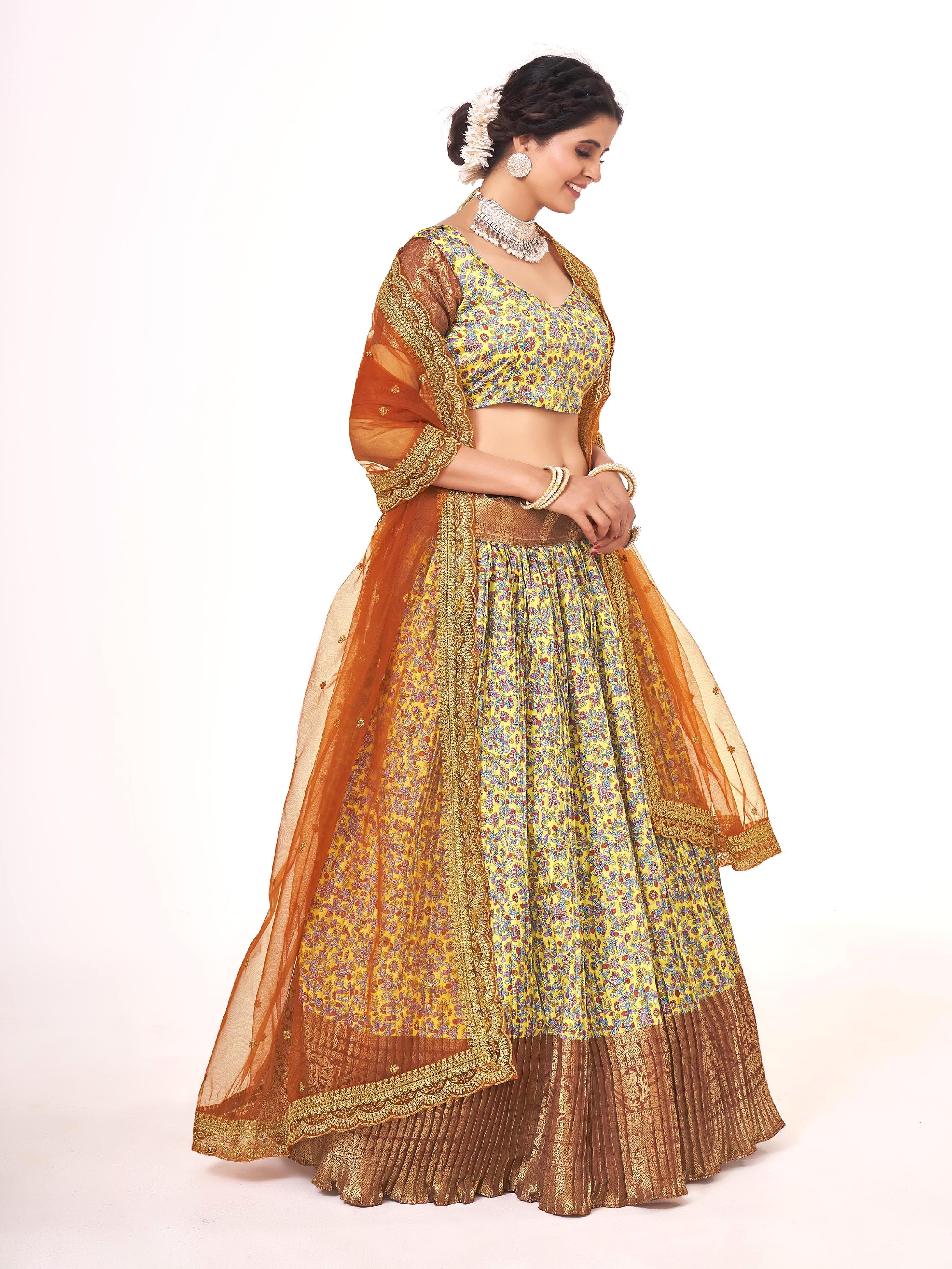 Beautiful Yellow & Brown Weaving Work Floral Printed Banarasi Silk Half Saree Lehenga Choli