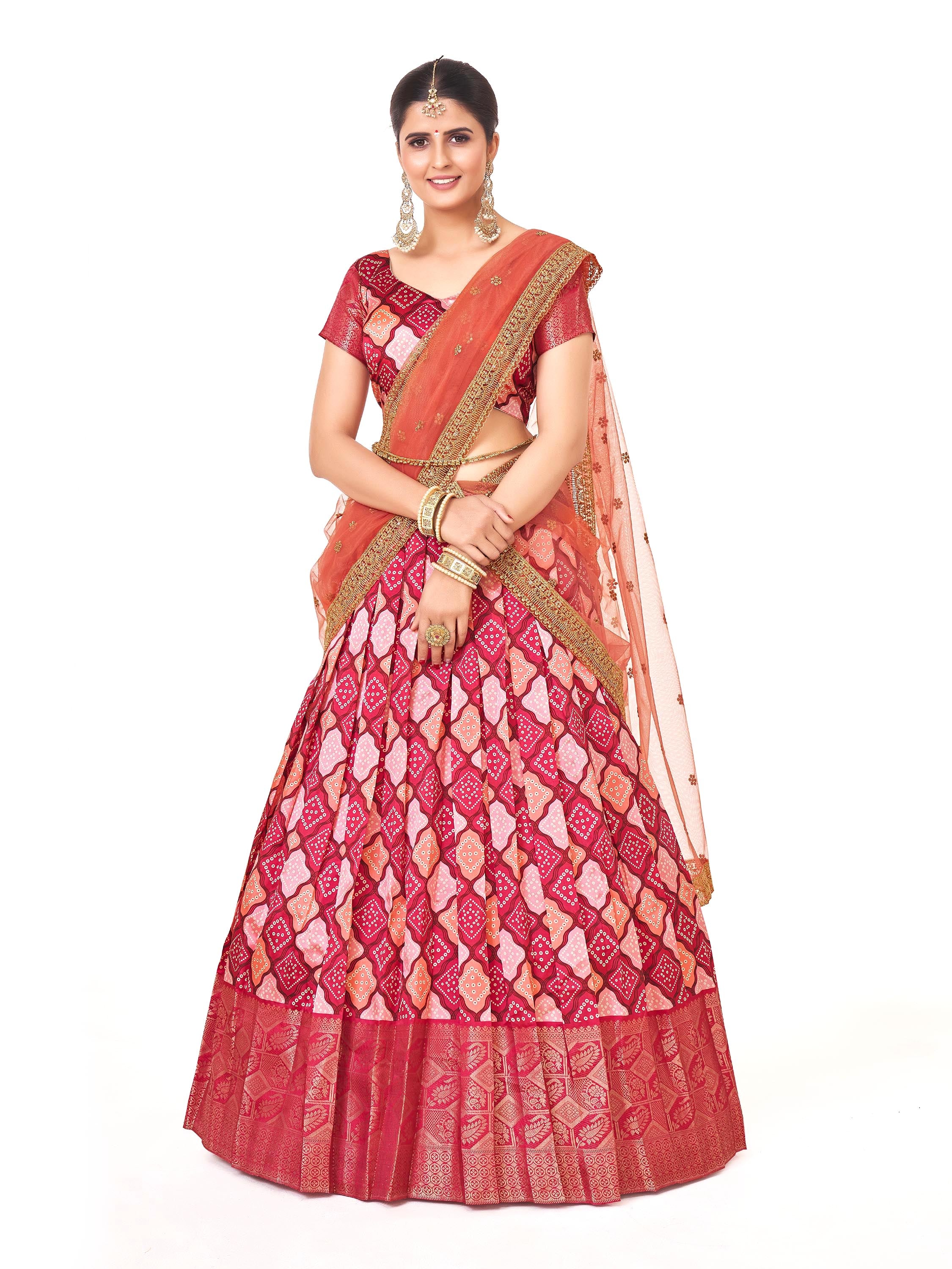 Traditional Pink Weaving Work And Digital Printed Banarasi Pattu Half Saree Lehenga Choli