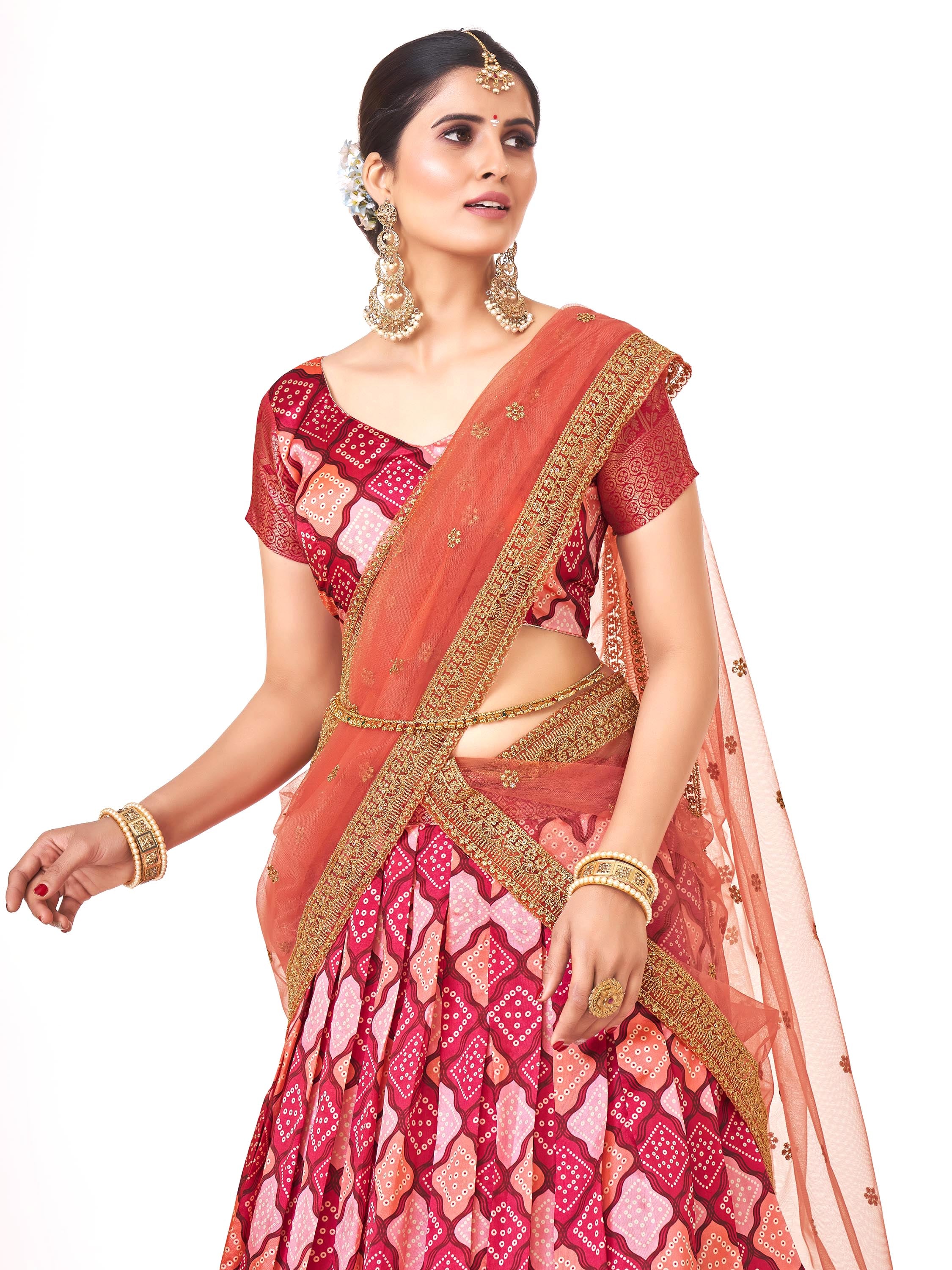 Traditional Pink Weaving Work And Digital Printed Banarasi Pattu Half Saree Lehenga Choli