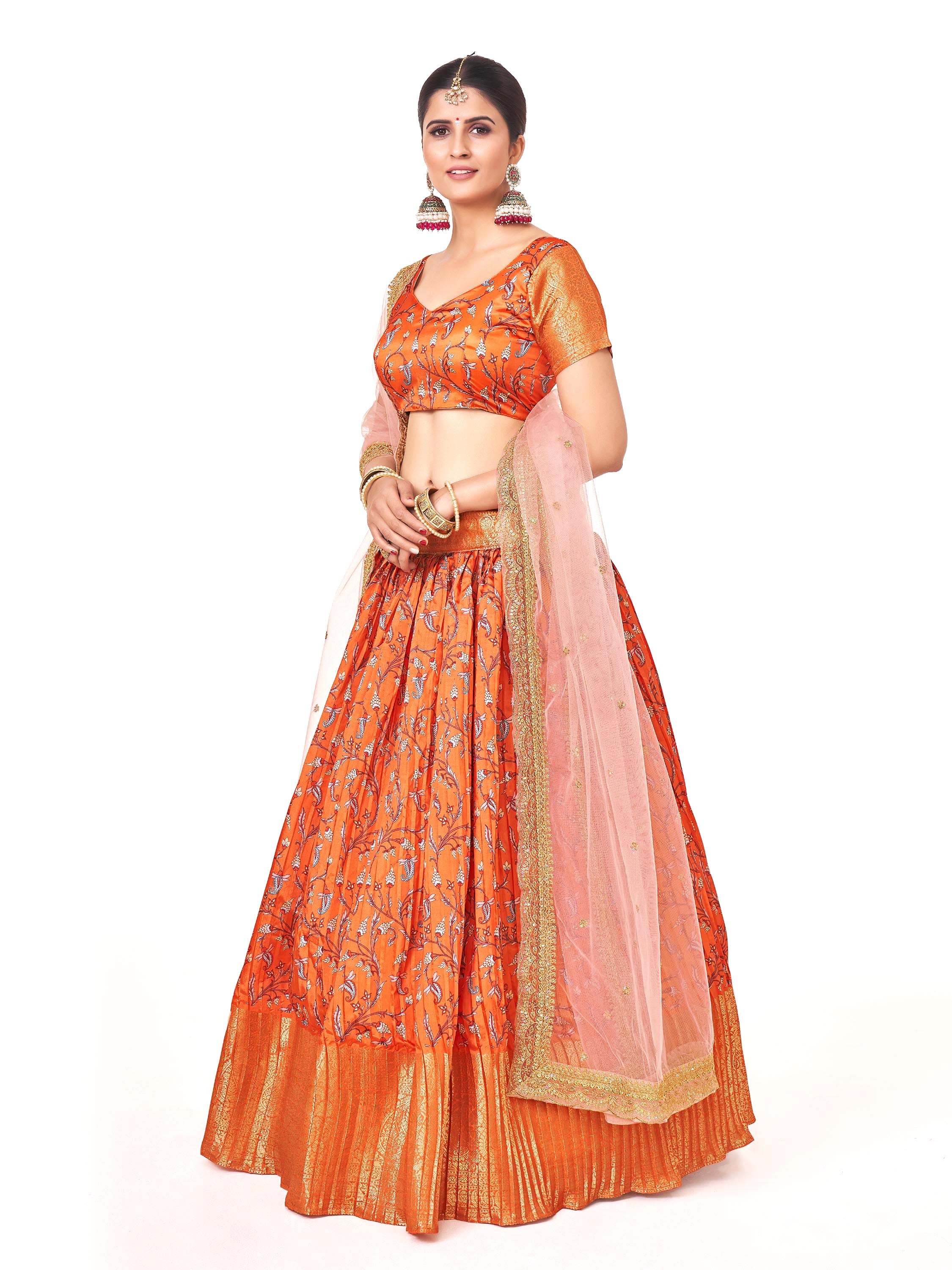 Orange Floral With Banarasi Jari Border Half Saree With Langa Davani