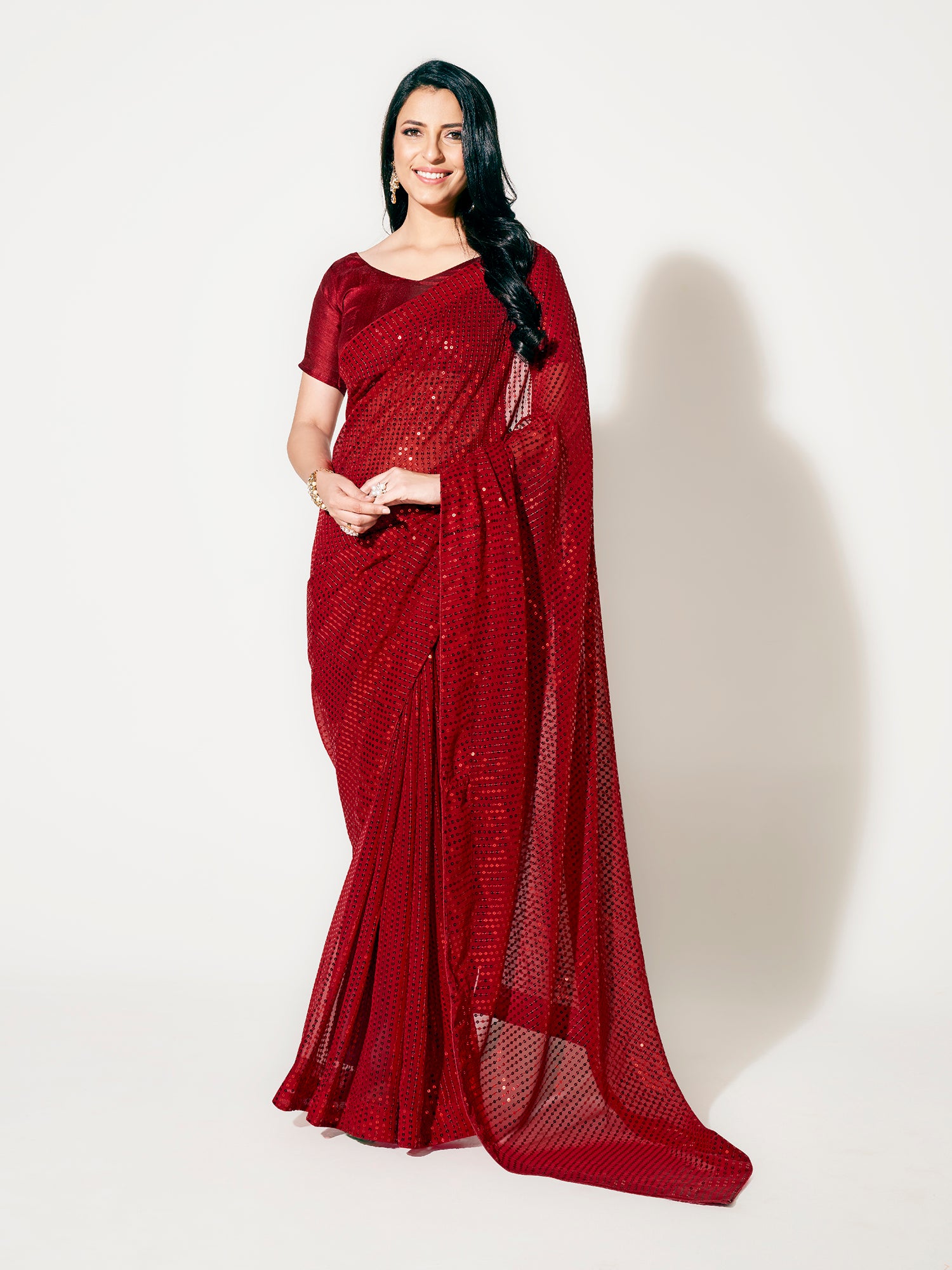 Light Red Fully Sequined Georgette Party Wear Saree