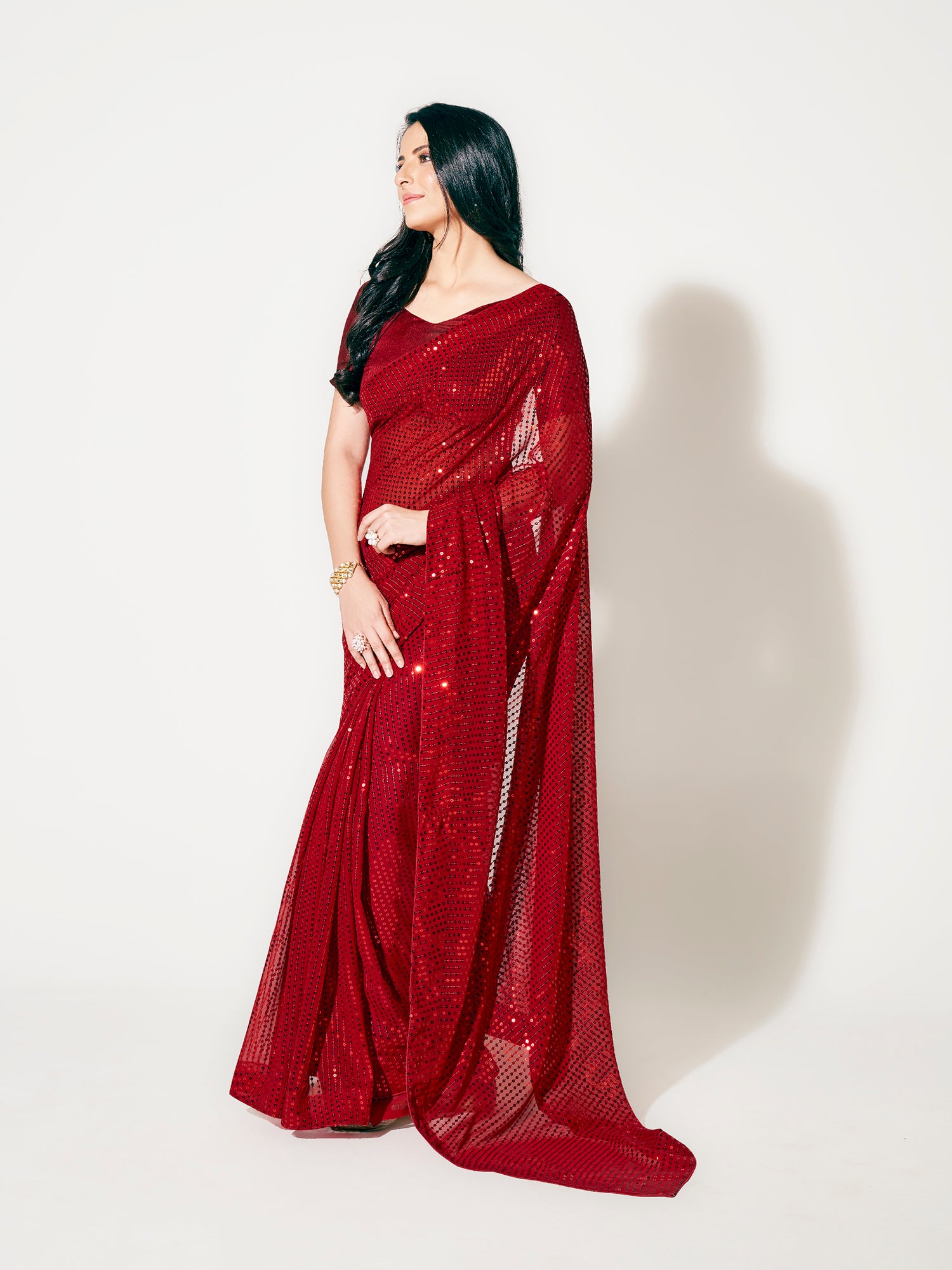 Light Red Fully Sequined Georgette Party Wear Saree