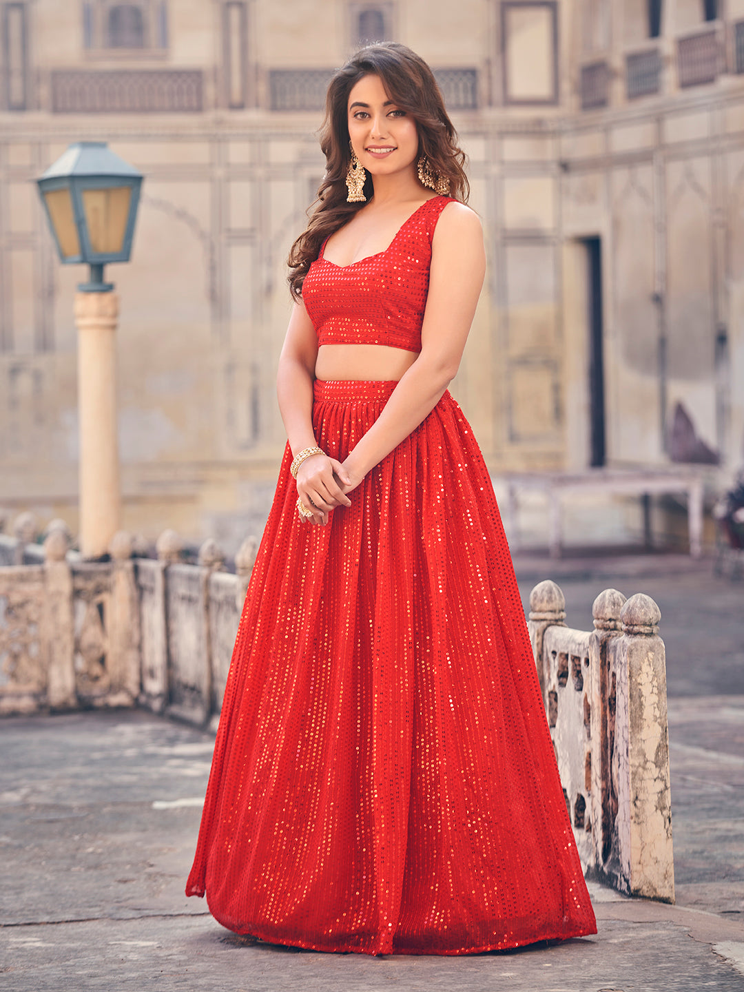 Premium Red Color Sequined Georgette Party Wear lehenga Choli