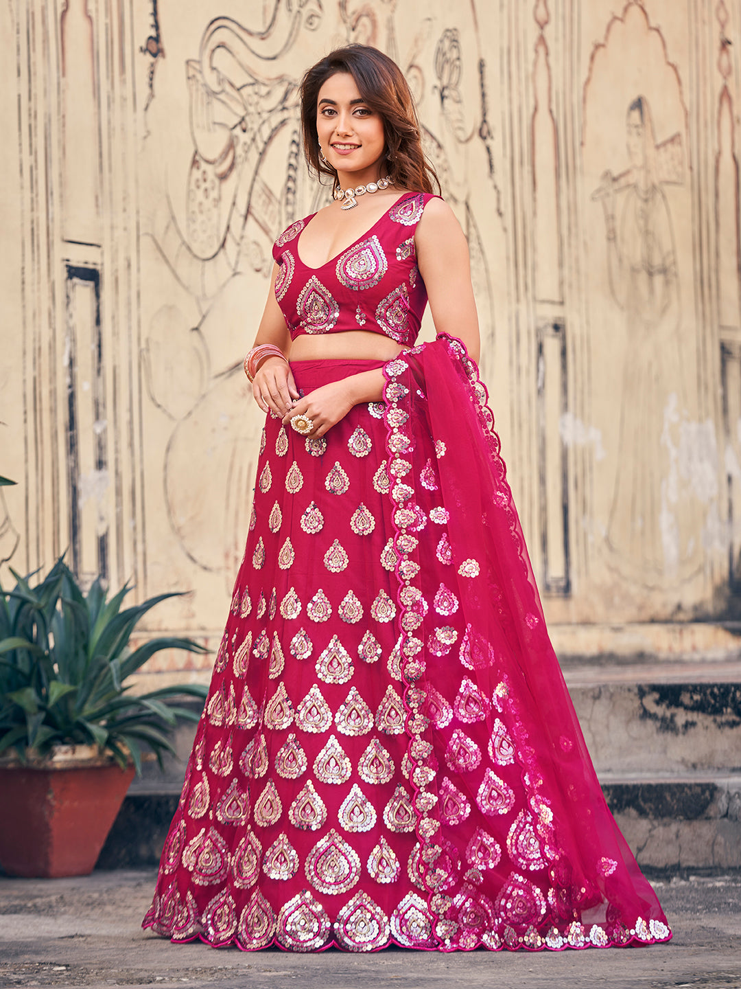 Marvelous Rani Pink Sequence Wedding Special Soft Net Lehenga Choli