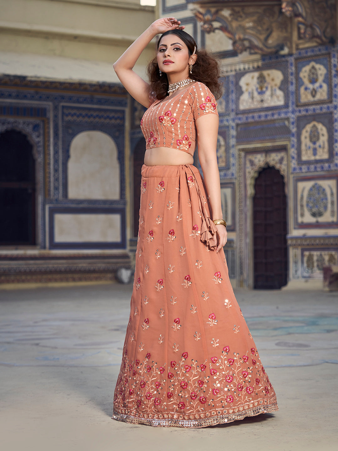 Light Rust Sequence Embroidered Georgette Lehenga Choli