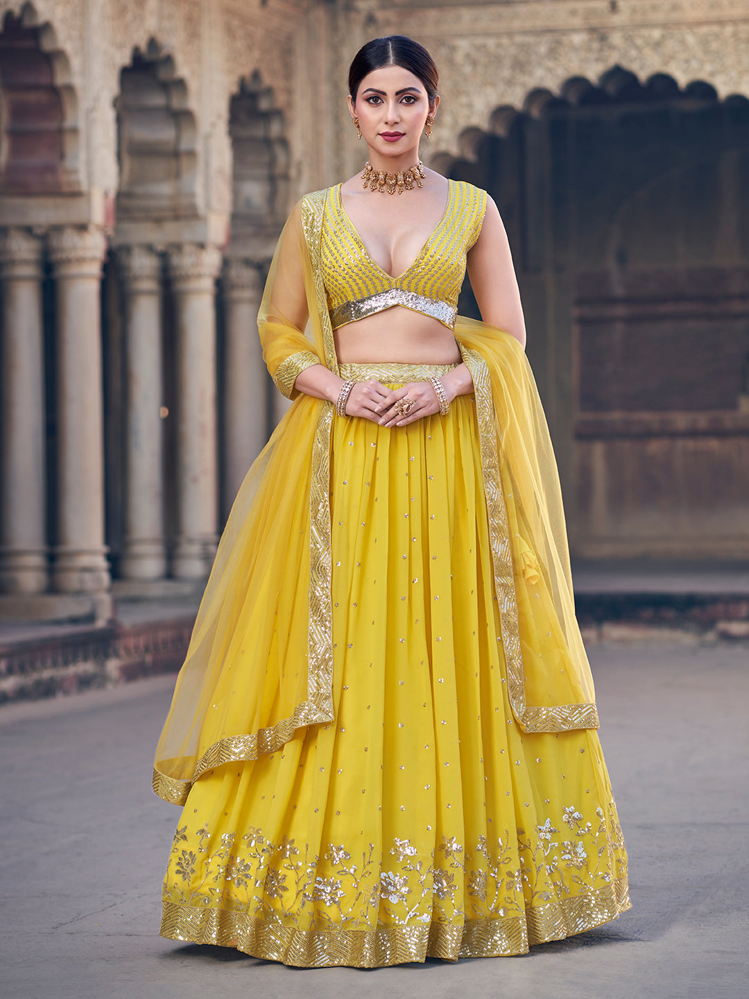 Enchanting Corn Yellow Sequence Embroidered Georgette Lehenga Choli