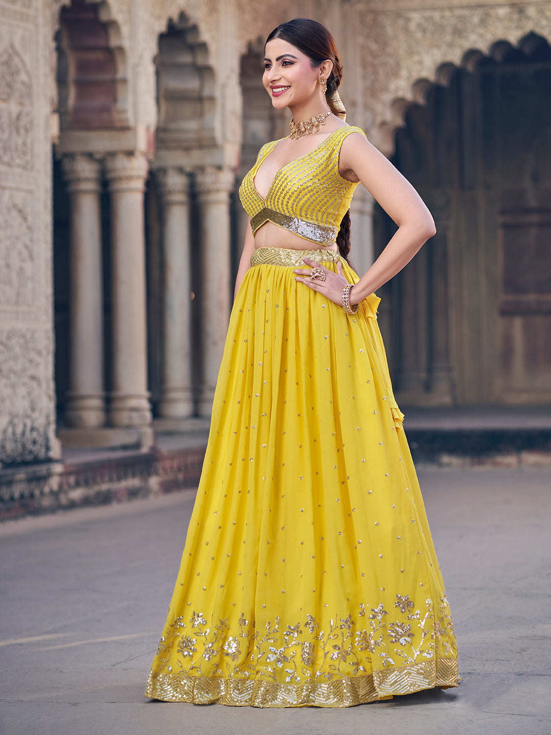 Enchanting Corn Yellow Sequence Embroidered Georgette Lehenga Choli