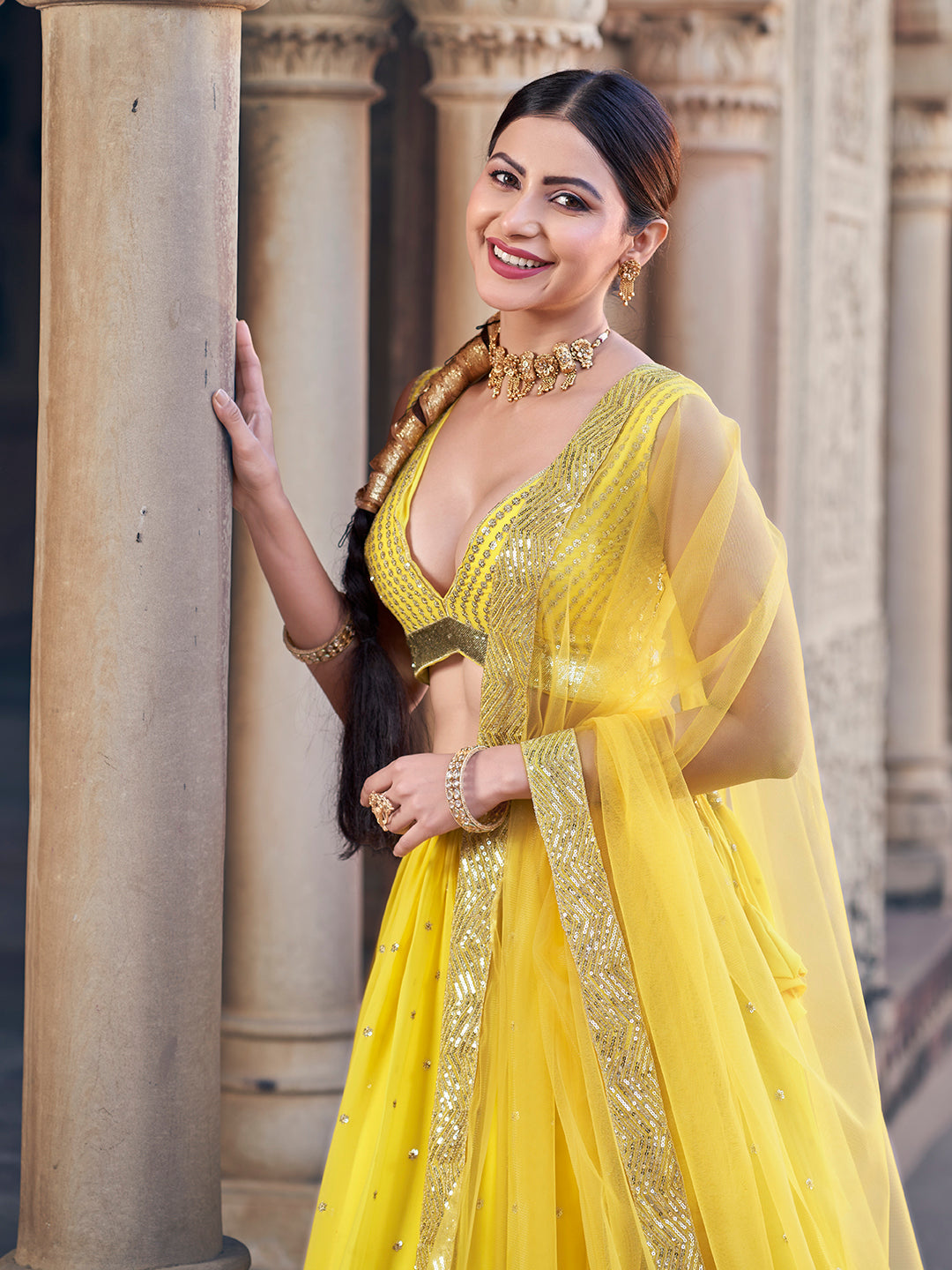 Enchanting Corn Yellow Sequence Embroidered Georgette Lehenga Choli