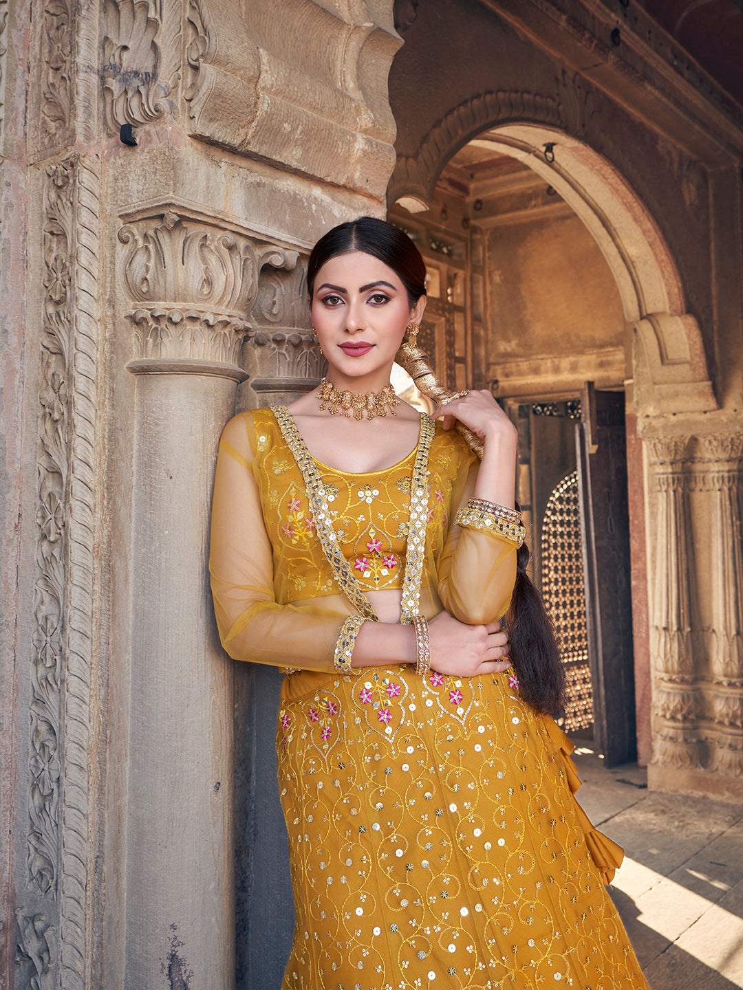 Desirable Mustard Yellow Soft Net Sequence Embroidered Eid Special Lehenga Choli