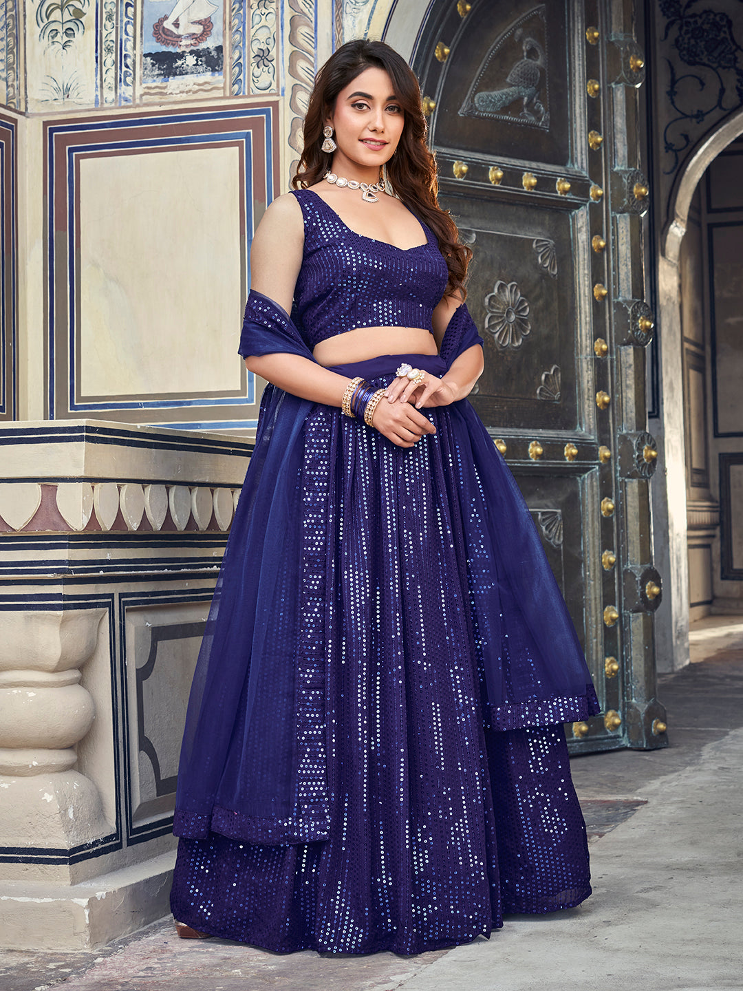 Spectacular Navy Blue Sequenced Georgette Bollywood Style Lehenga Choli