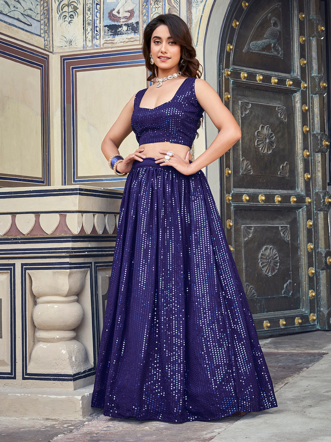 Spectacular Navy Blue Sequenced Georgette Bollywood Style Lehenga Choli