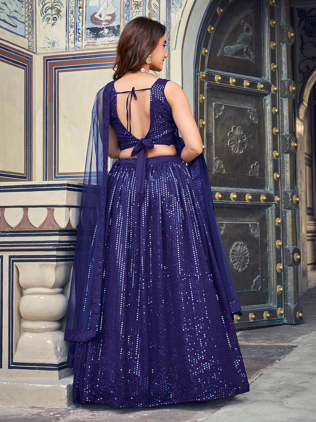 Spectacular Navy Blue Sequenced Georgette Bollywood Style Lehenga Choli