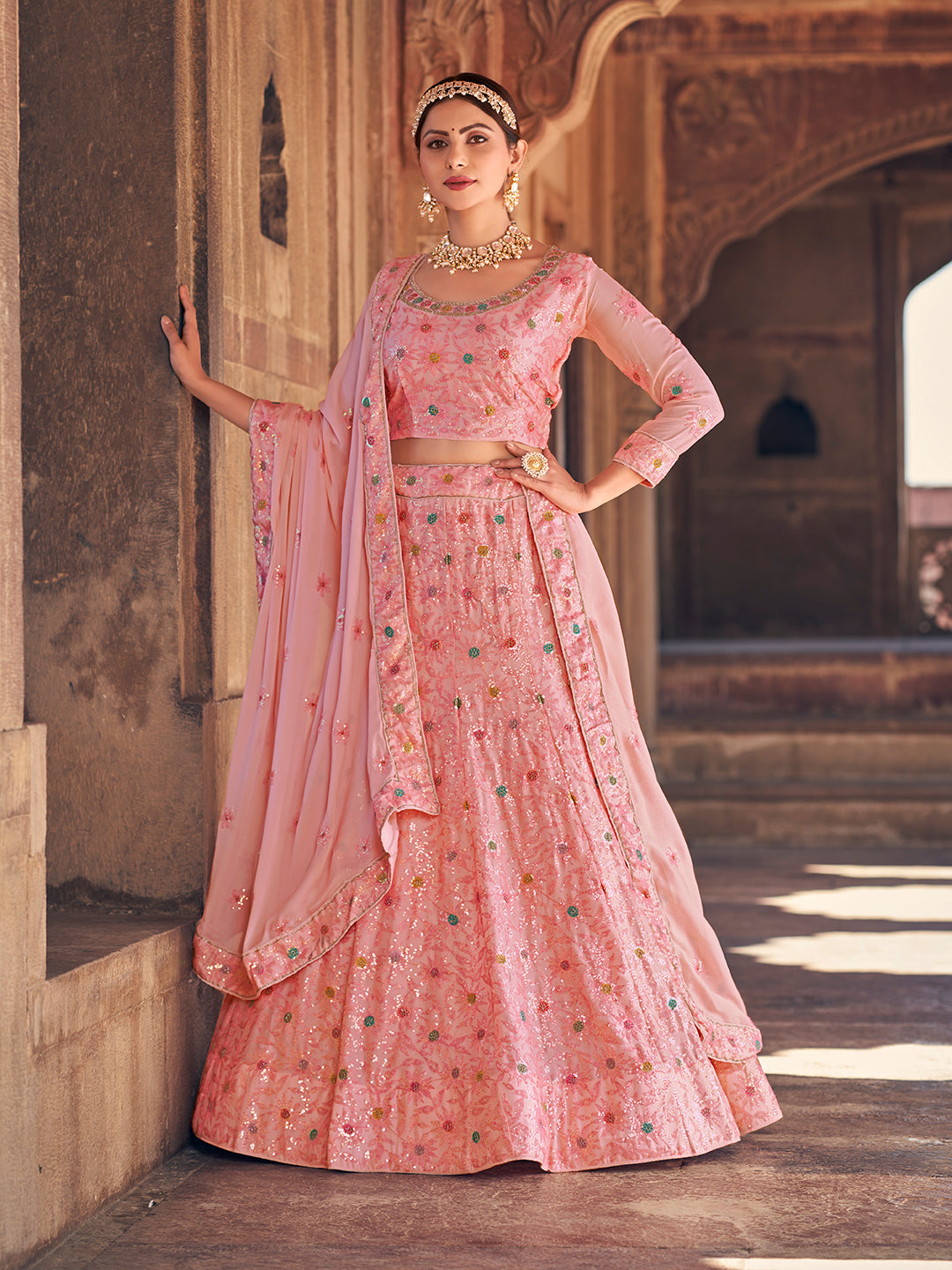 Pink Color Georgette Thread Work Lehenga Choli Set For Women