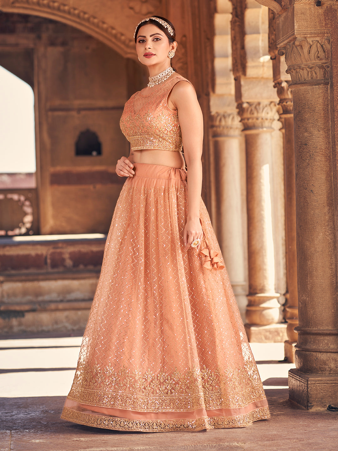 Elegant Peach Net Golden Embroidered Wedding Wear Lehenga Choli Set For Women