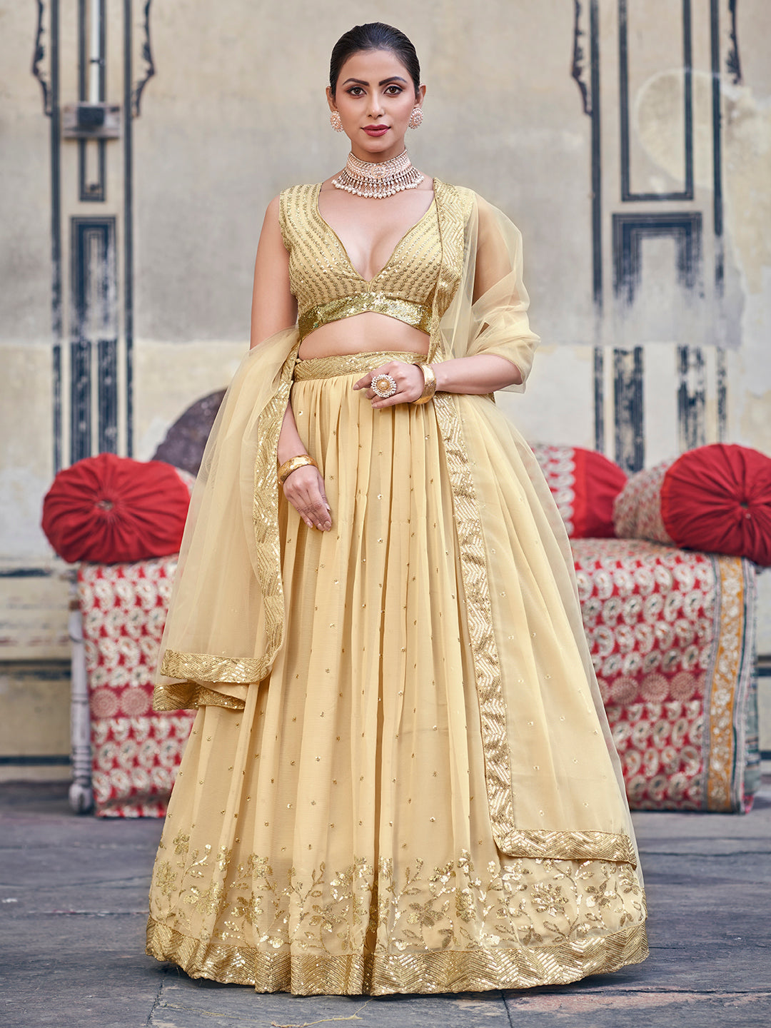 Impressive Yellow Beige Sequence Embroidered Georgette Designer Lehenga choli Set For Women