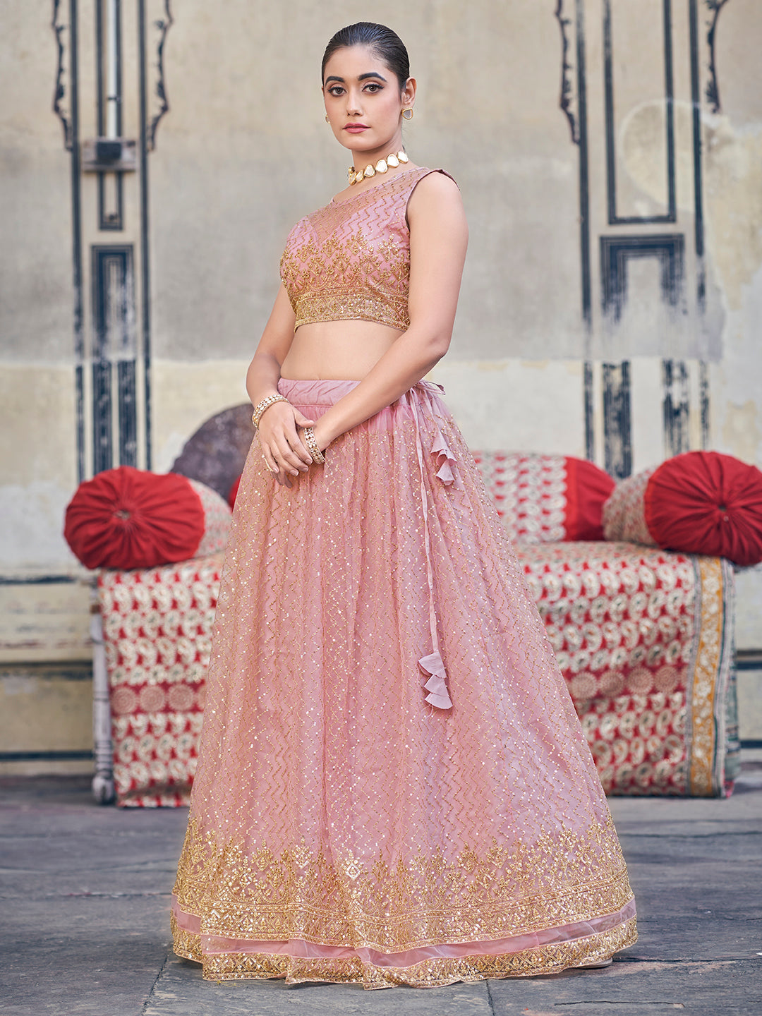 Pink Blush Soft Net Golden Embroidered EidSpecial Lehenga Choli Set