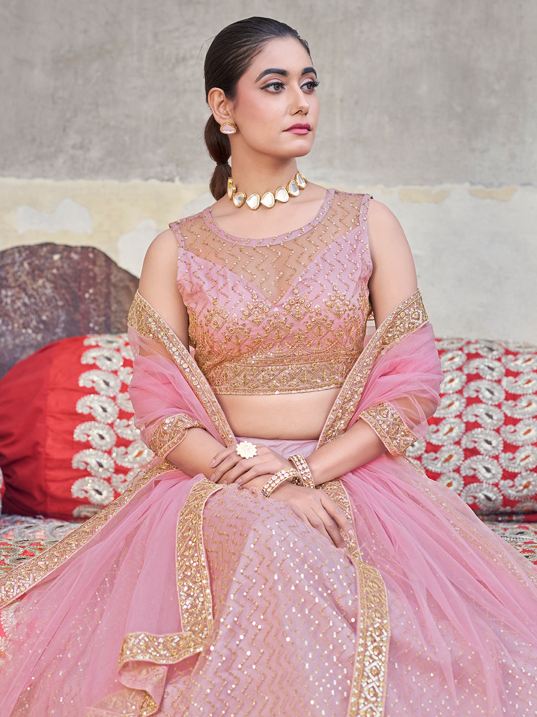 Pink Blush Soft Net Golden Embroidered EidSpecial Lehenga Choli Set