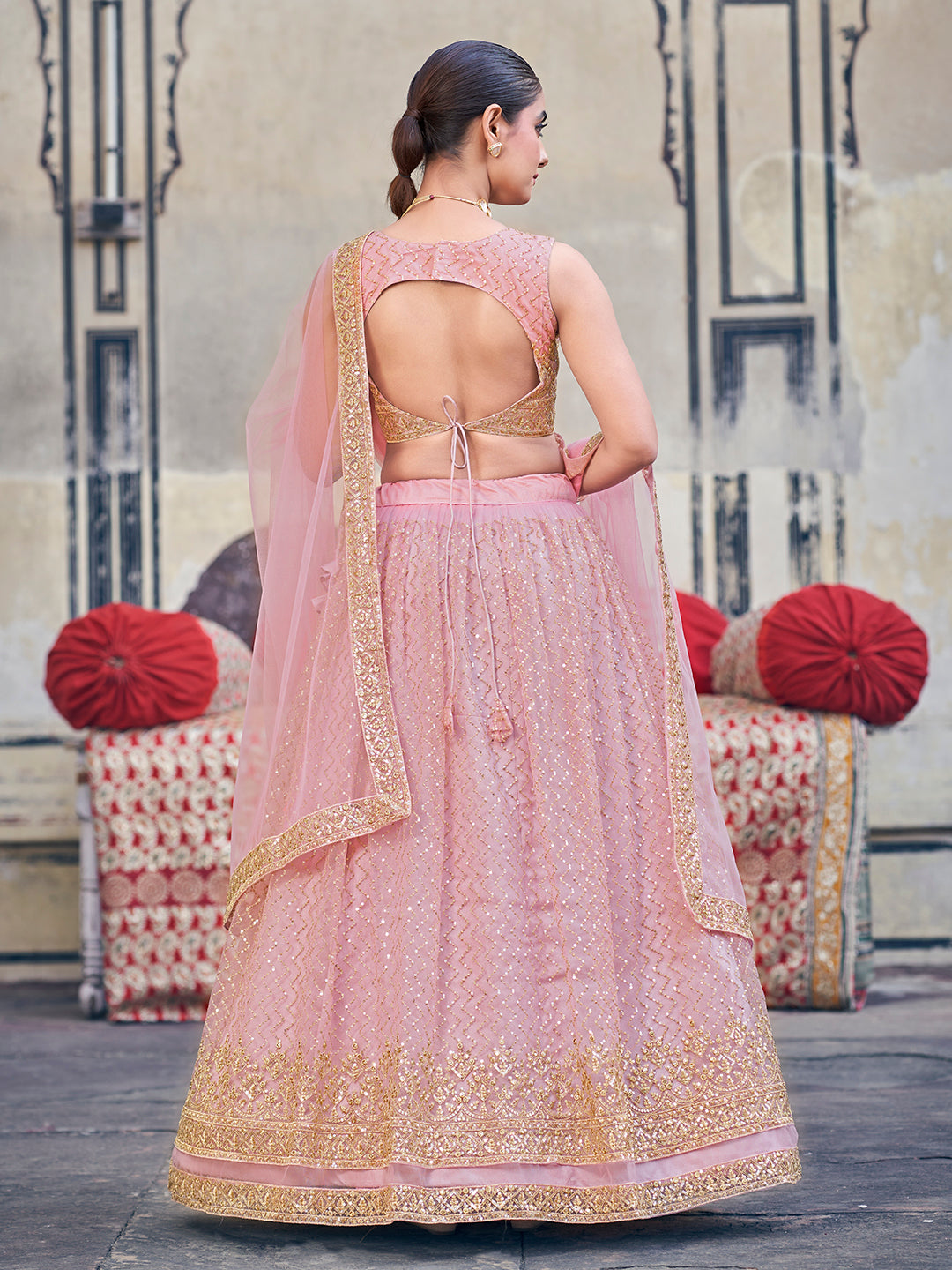 Pink Blush Soft Net Golden Embroidered EidSpecial Lehenga Choli Set