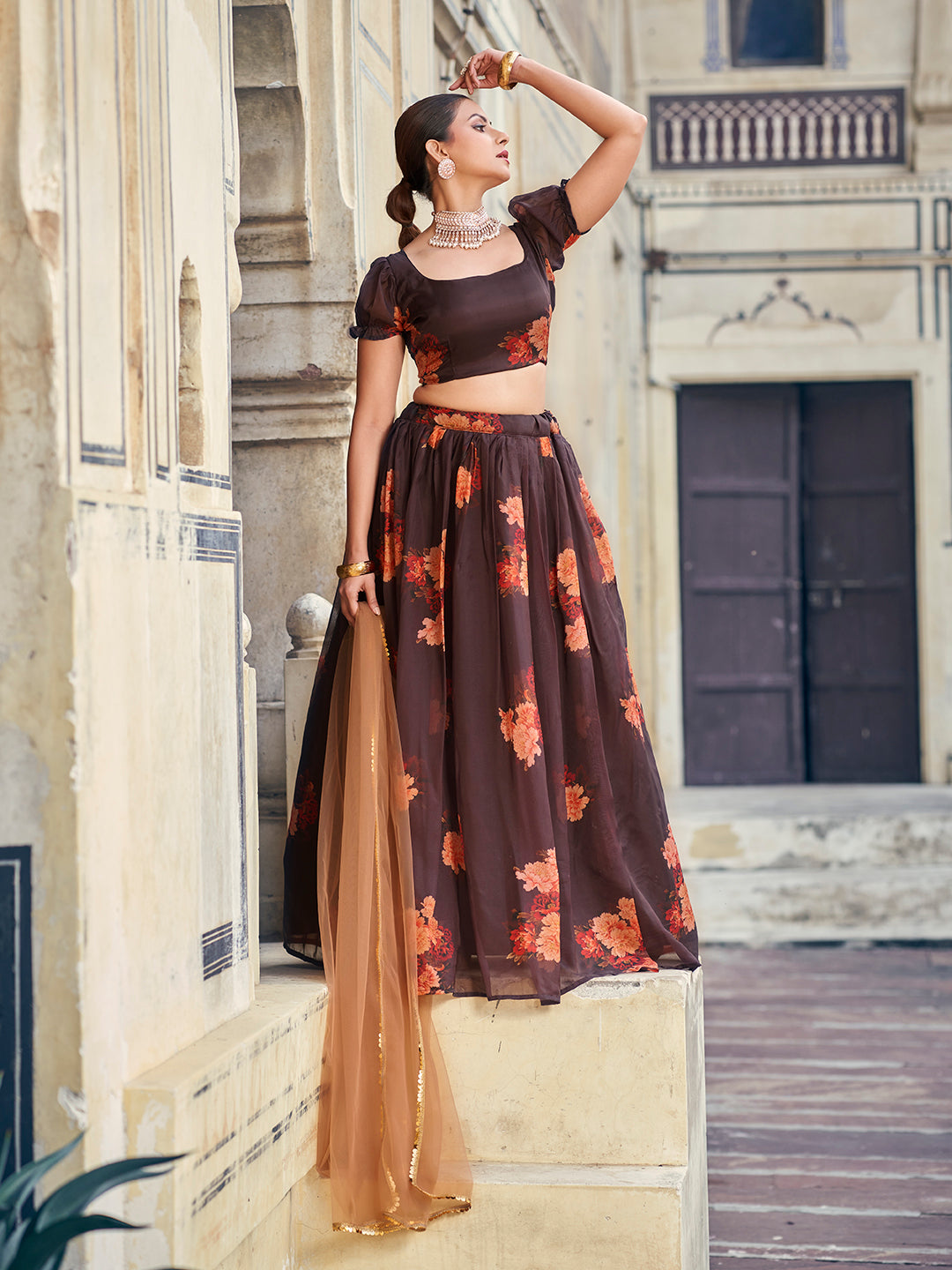 Delightful Brown Floral Printed Organza Semi Stitched lehenga Choli Set For Women