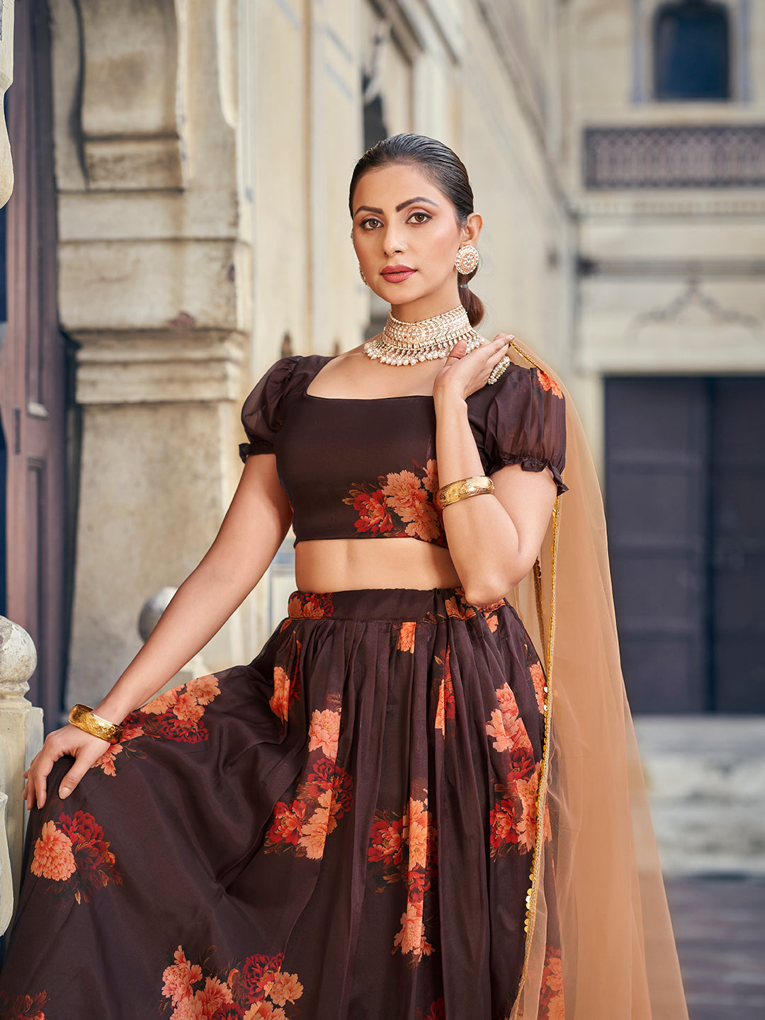 Delightful Brown Floral Printed Organza Semi Stitched lehenga Choli Set For Women