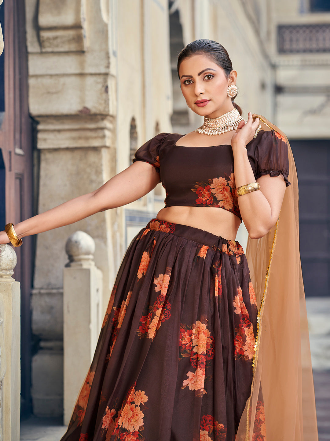 Delightful Brown Floral Printed Organza Semi Stitched lehenga Choli Set For Women