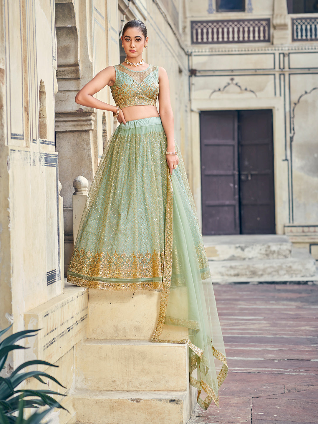 Charming Sea Green Soft Net Golden Embroidered Designer Eid Special Lehenga Choli Set For Women