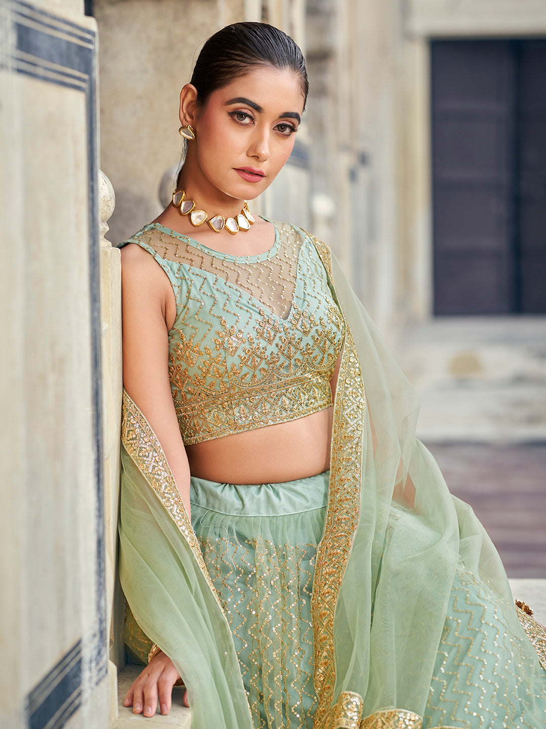 Charming Sea Green Soft Net Golden Embroidered Designer Eid Special Lehenga Choli Set For Women