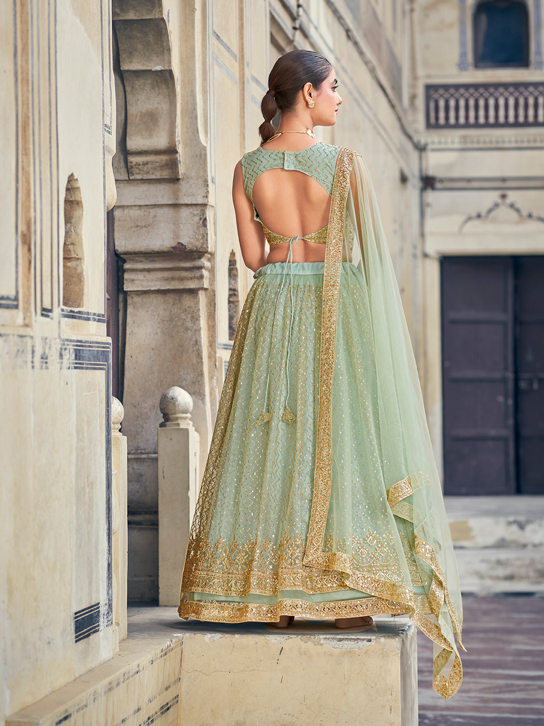 Charming Sea Green Soft Net Golden Embroidered Designer Eid Special Lehenga Choli Set For Women