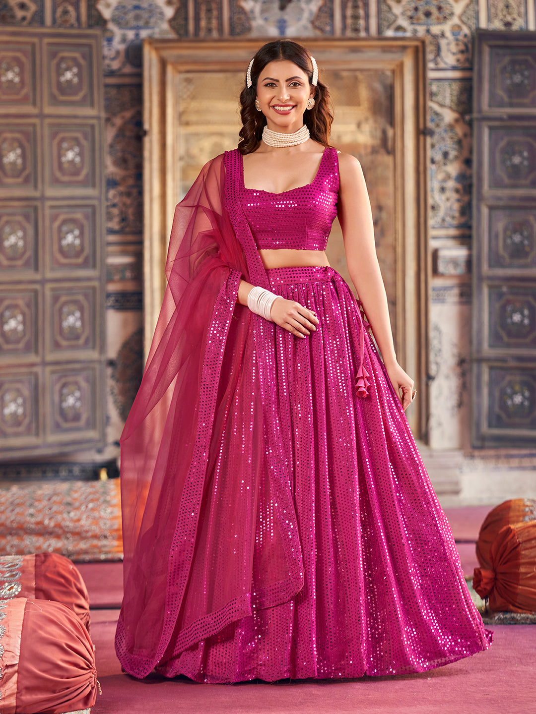 Rani Pink Georgette Sequence Embroidered Party Wear Lehenga Choli