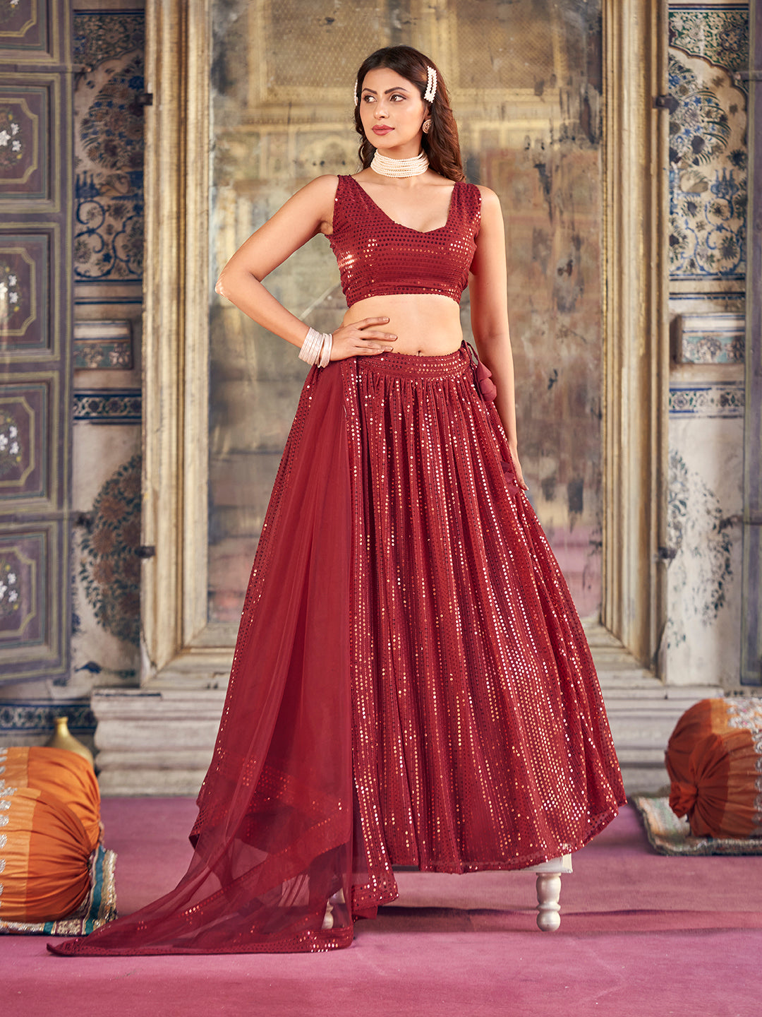 Incredible Maroon Georgette Sequence Embroidered Designer Eid Special Lehenga Choli For Women