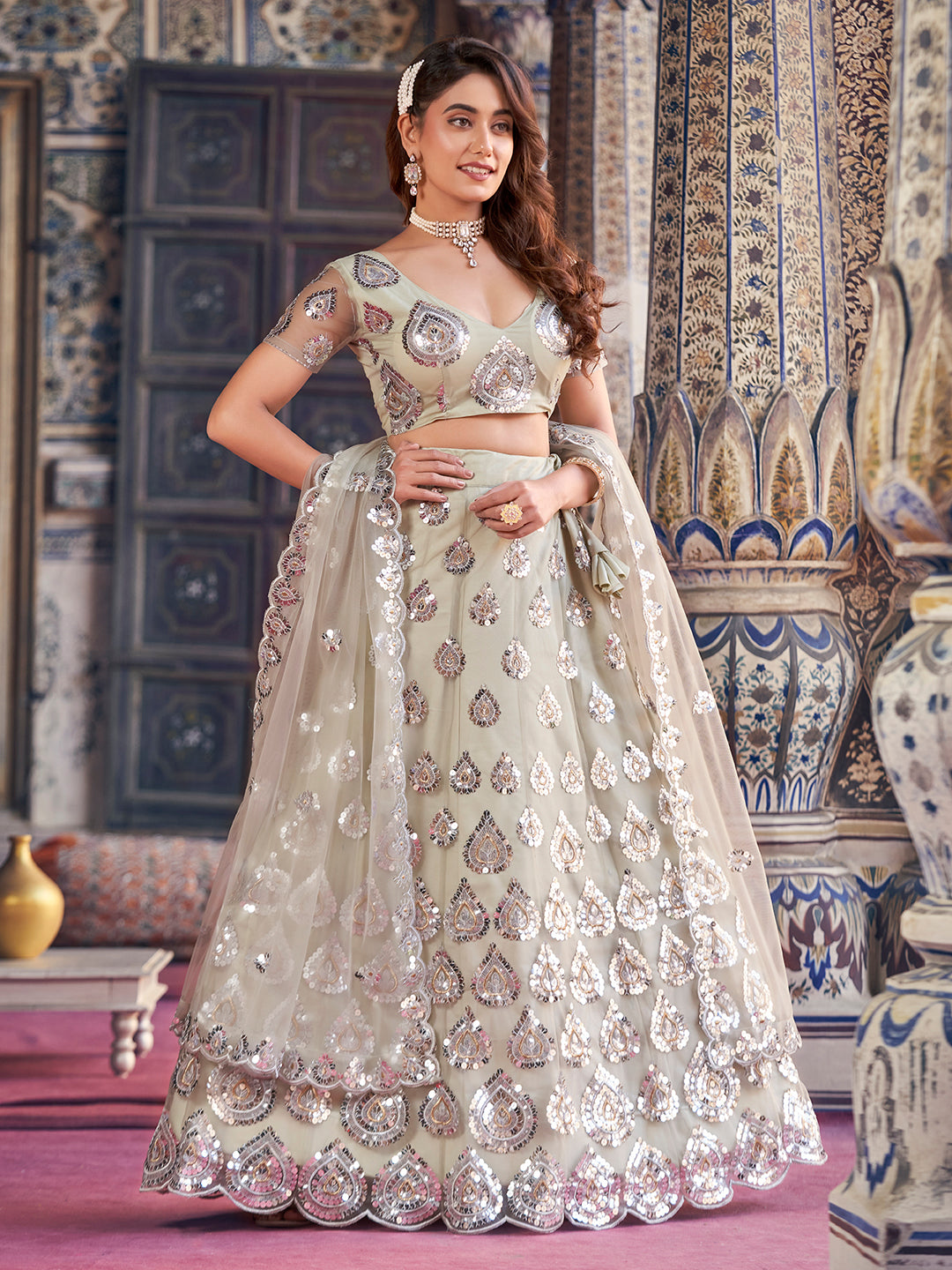 Fabulous Sea Green Color Thread Embroidered Soft Net Designer Lehenga Choli Set