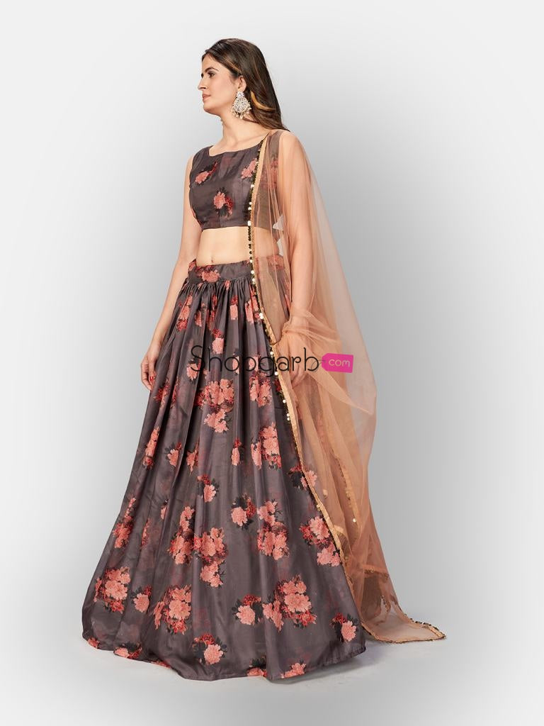 Alluring Gray Digital Printed Semi-Stitched Lehenga And Unstitched Blouse With Dupatta