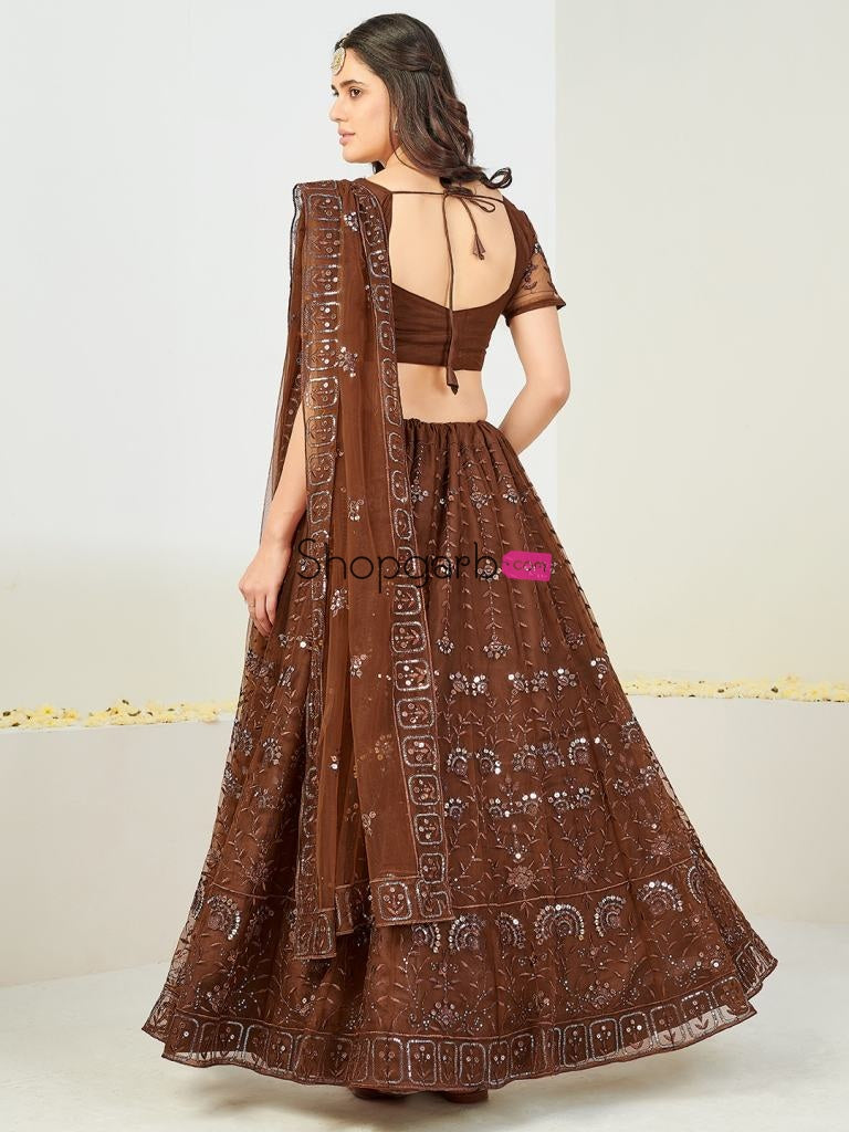 Awesome Brown And Silver Sequins Thread Work Lehenga Blouse With Dupatta