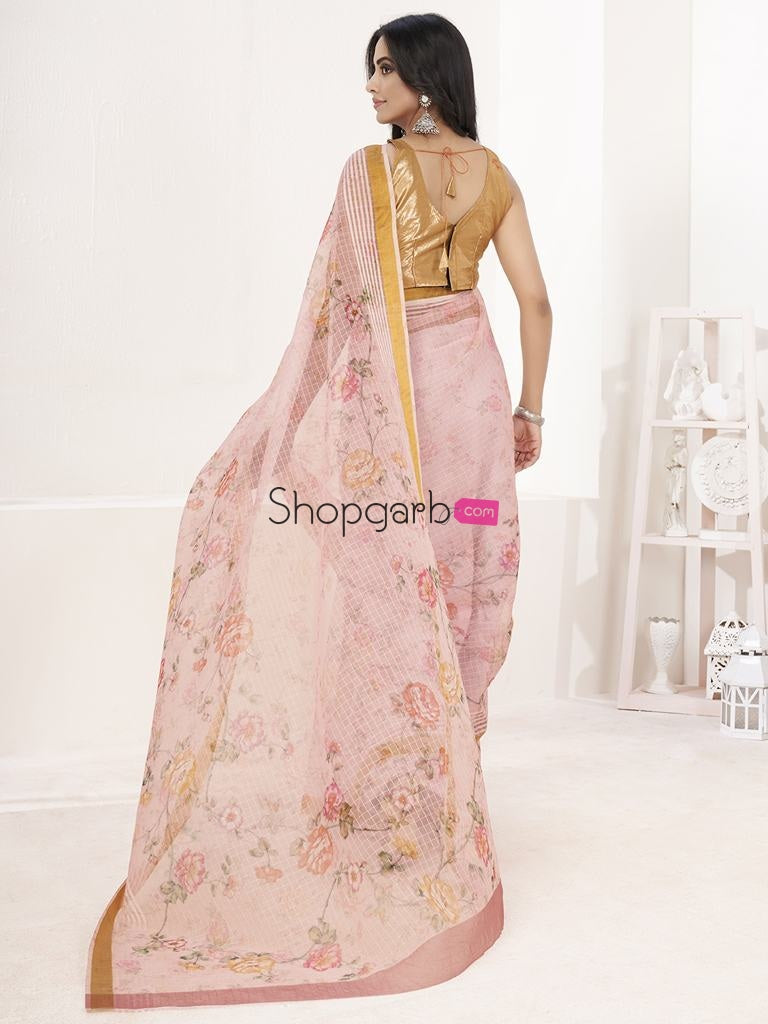 Baby Pink Floral Digital Printed Cotton Silk Linen Saree