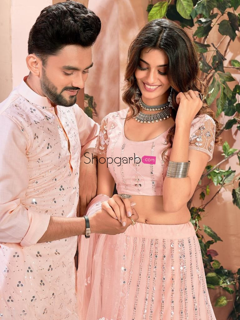 Baby Pink Soft Net Sequins Lehenga Choli Or Kurta Couple Set