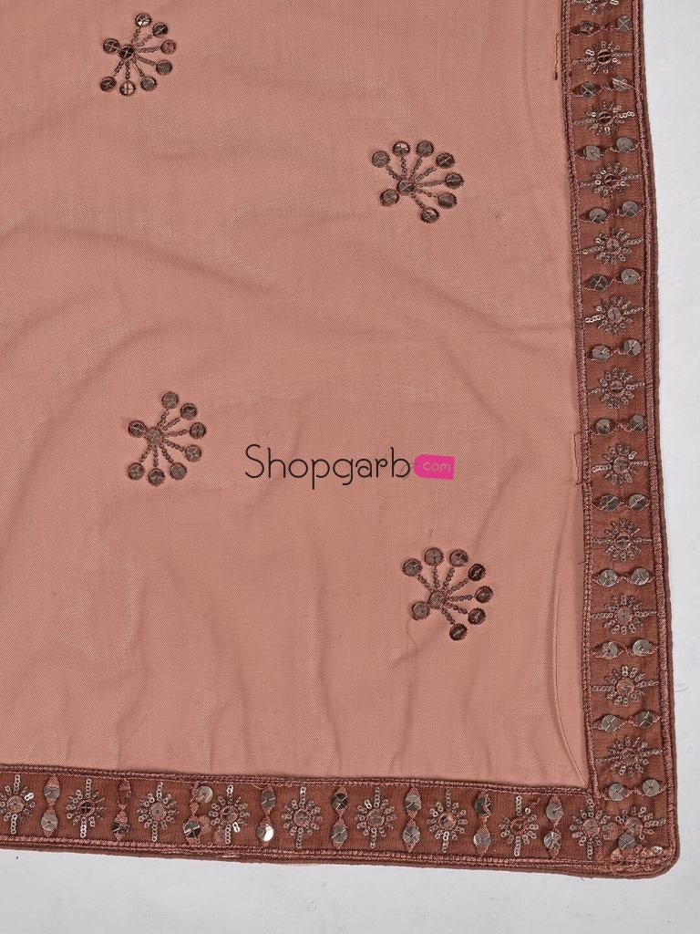 Brown & Silver-Toned Semi-Stitched Lehenga Unstitched Blouse With Dupatta