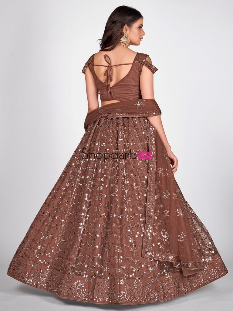 Brown & Silver-Toned Semi-Stitched Lehenga Unstitched Blouse With Dupatta