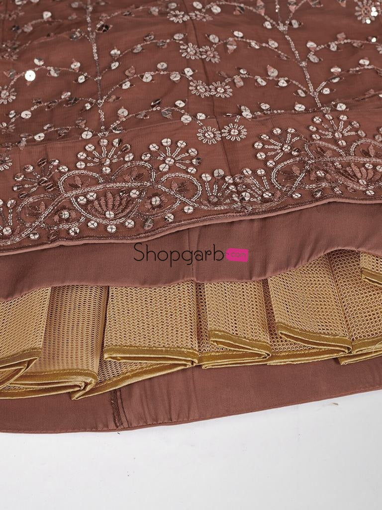 Brown & Silver-Toned Semi-Stitched Lehenga Unstitched Blouse With Dupatta